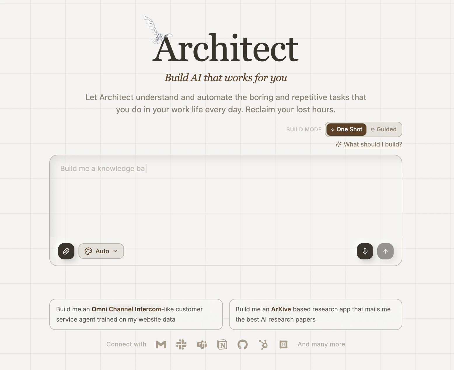 The Architect home page showing the prompt input and mode selector