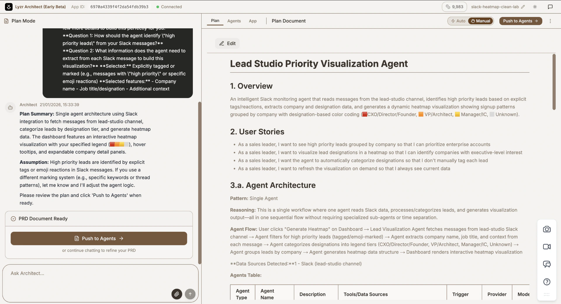 The Plan phase view showing the generated PRD with Approve and Chat/Edit options