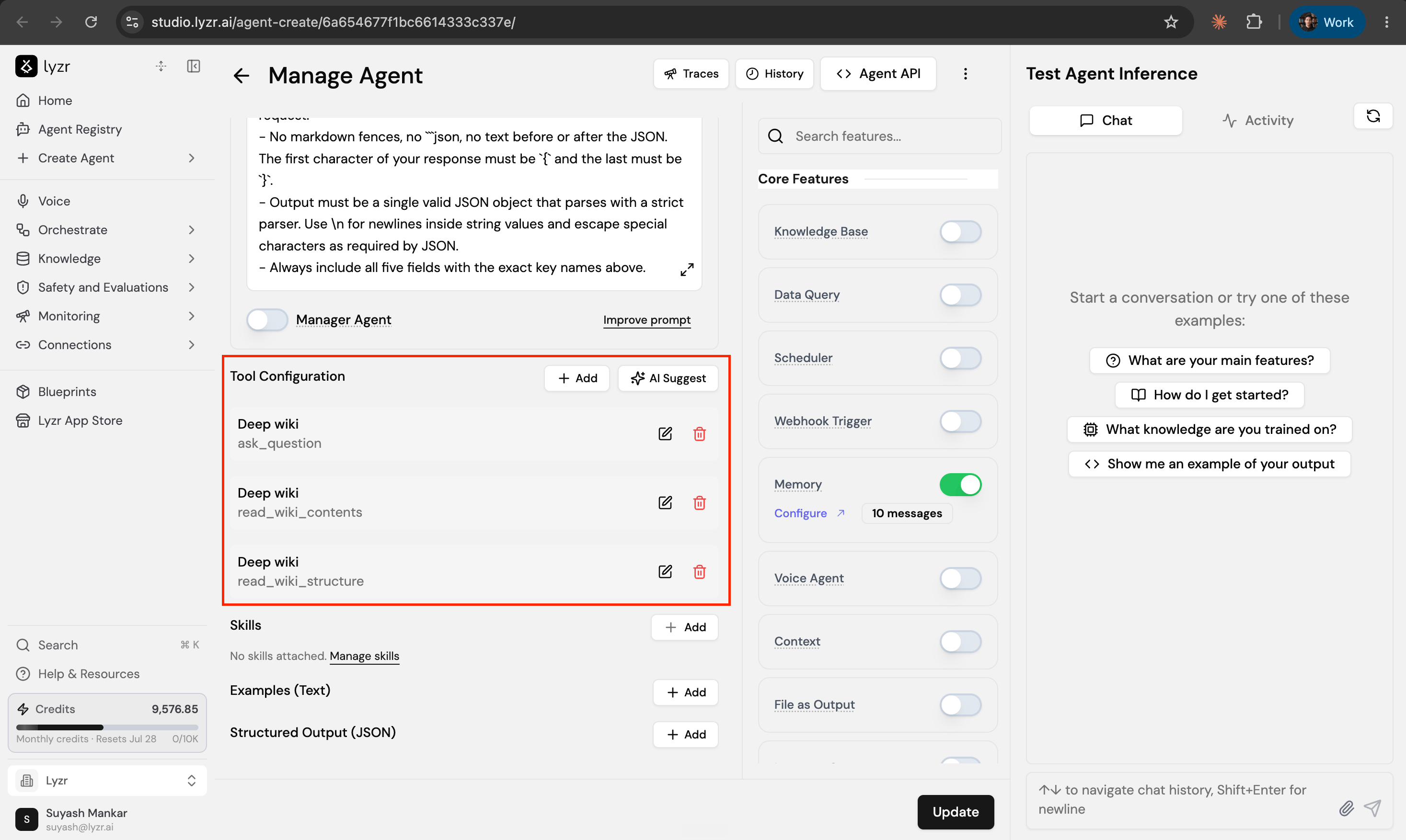 Tool Configuration in Lyzr Studio showing the MCP server's actions attached to the agent
