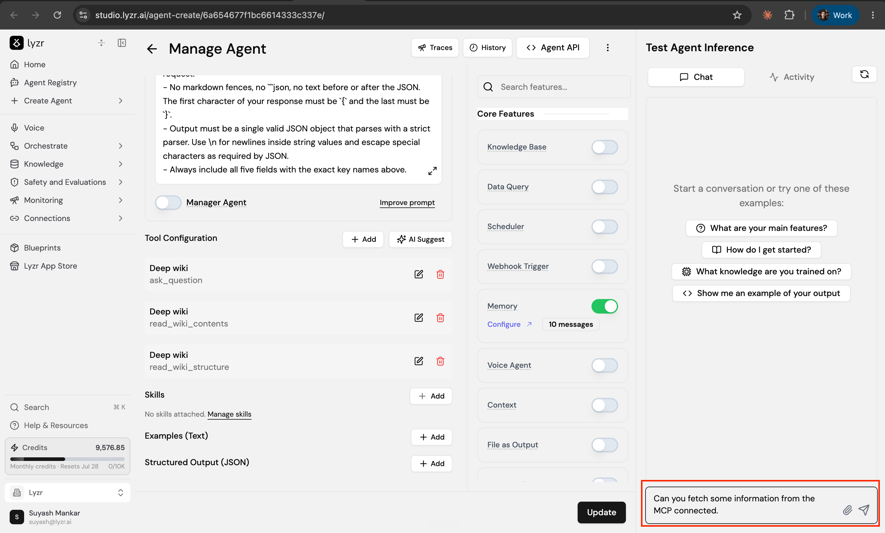 Test Agent Inference chat in Lyzr Studio with a prompt asking the agent to fetch data from the connected MCP