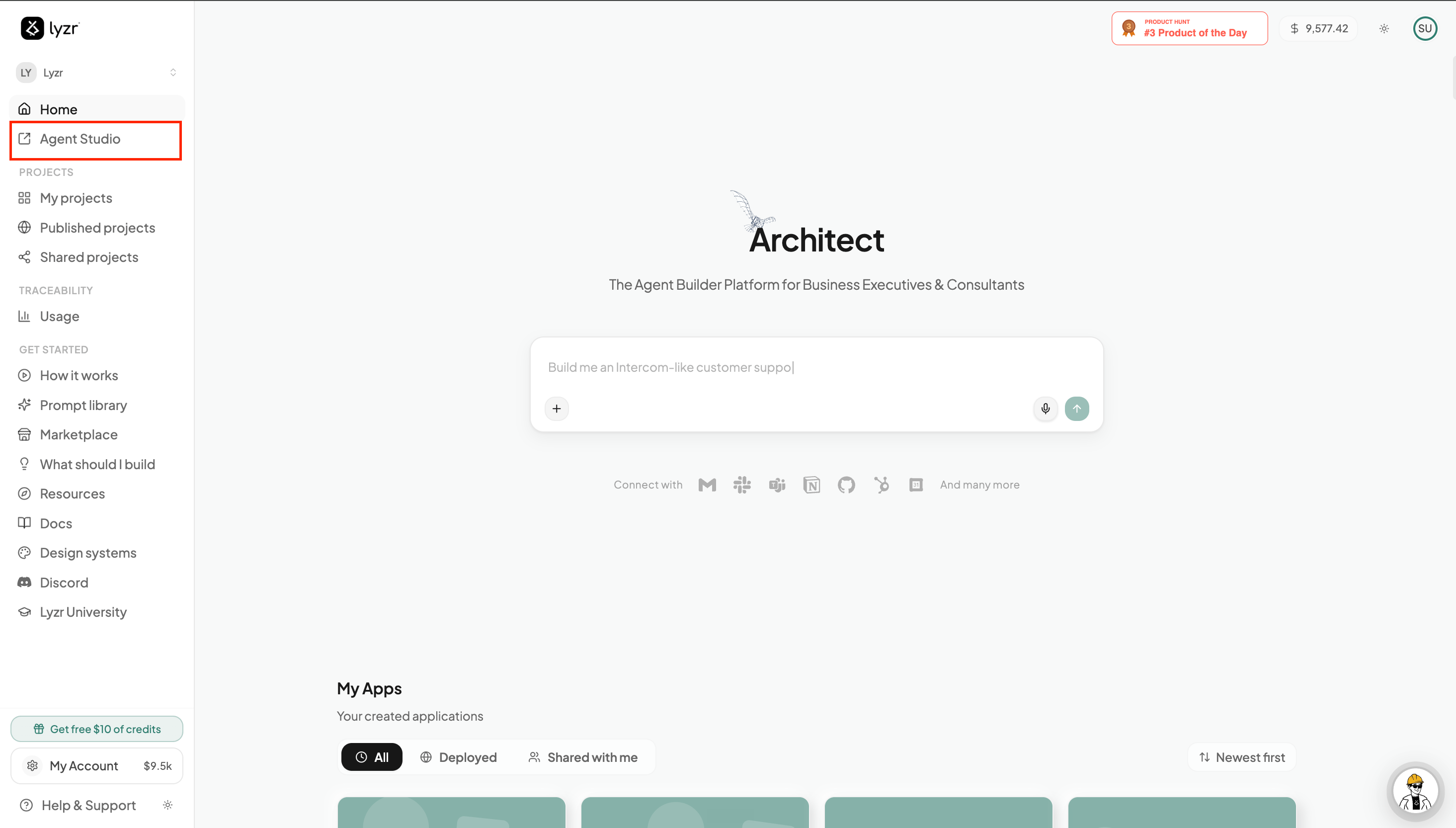 Agent Studio link highlighted in the Architect sidebar