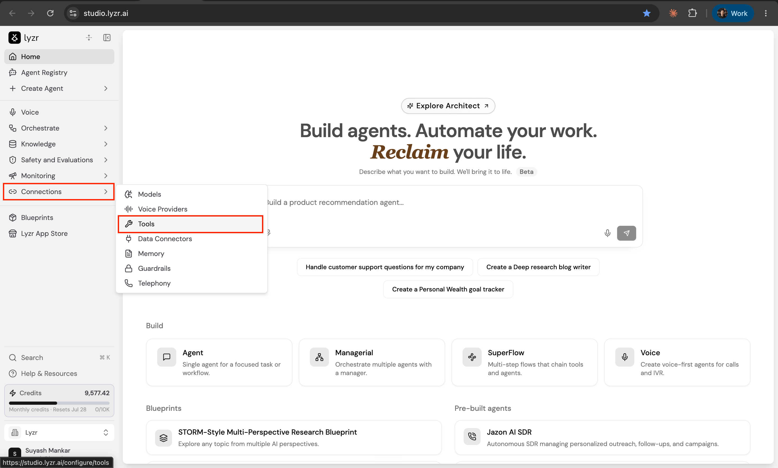 Connections menu expanded to Tools in Lyzr Studio