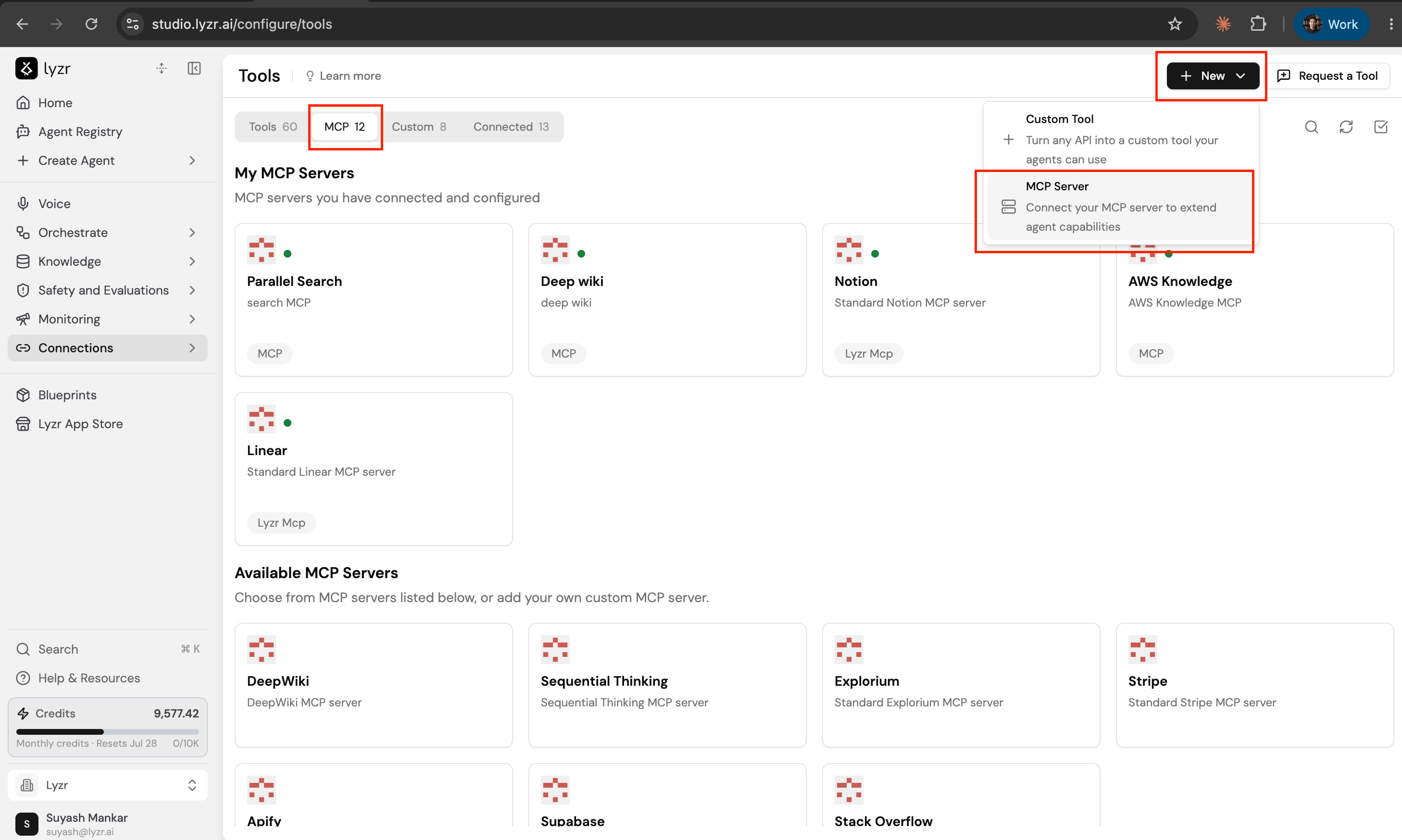 MCP tab showing connected servers, available servers, and the + New → MCP Server option