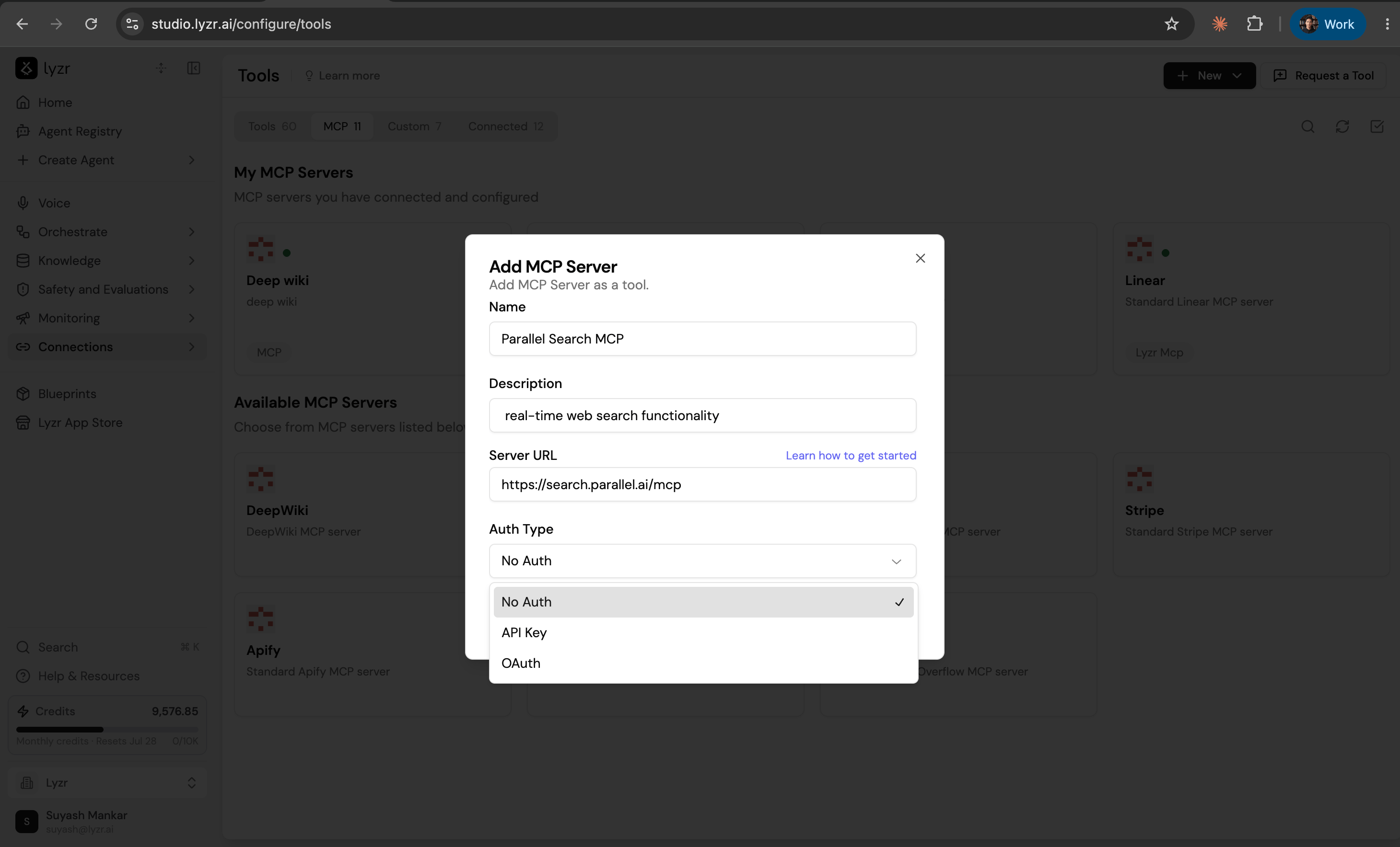 Add MCP Server dialog: name, description, server URL, and auth type