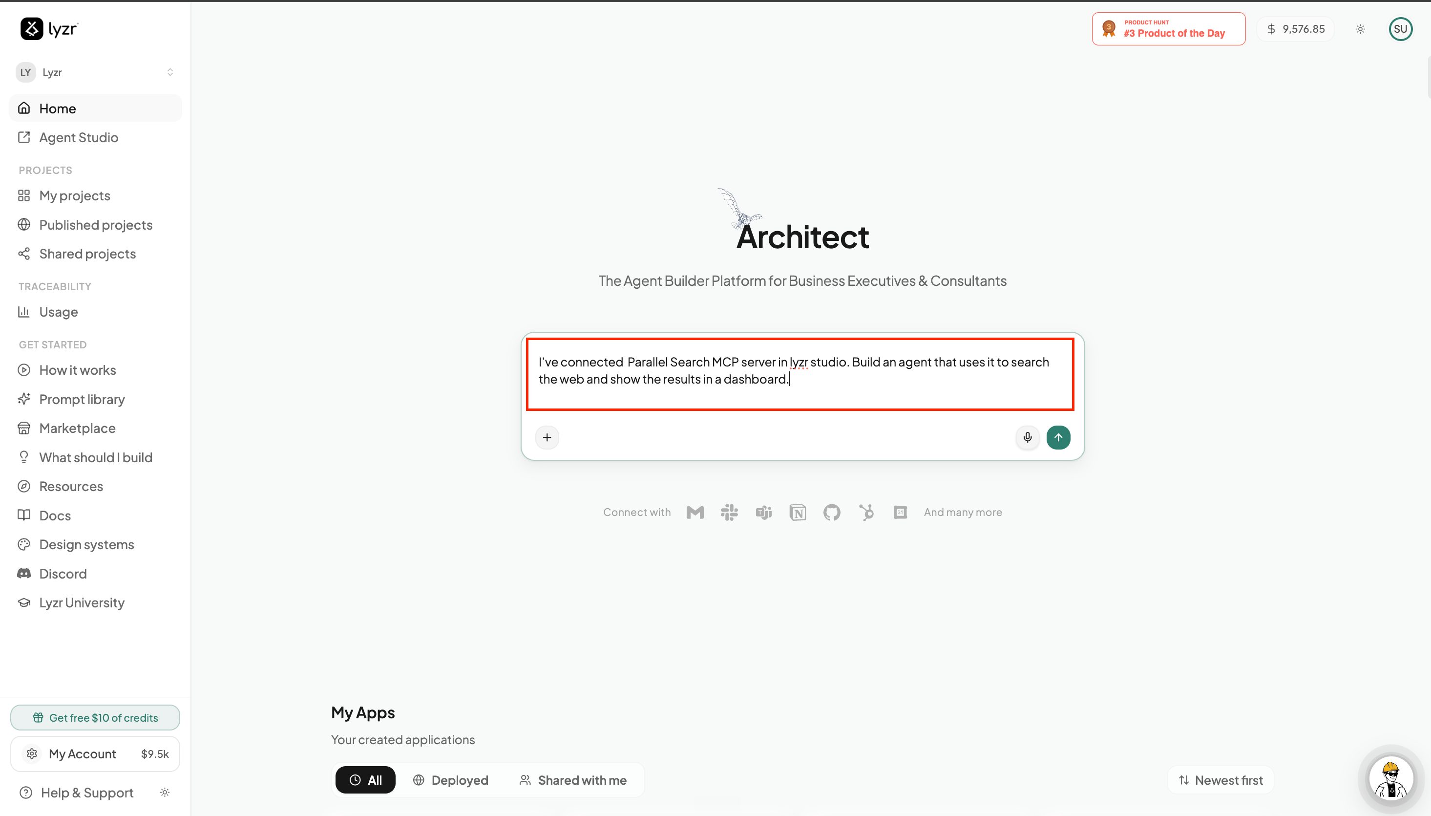 Architect homepage with a prompt naming the connected Parallel Search MCP server