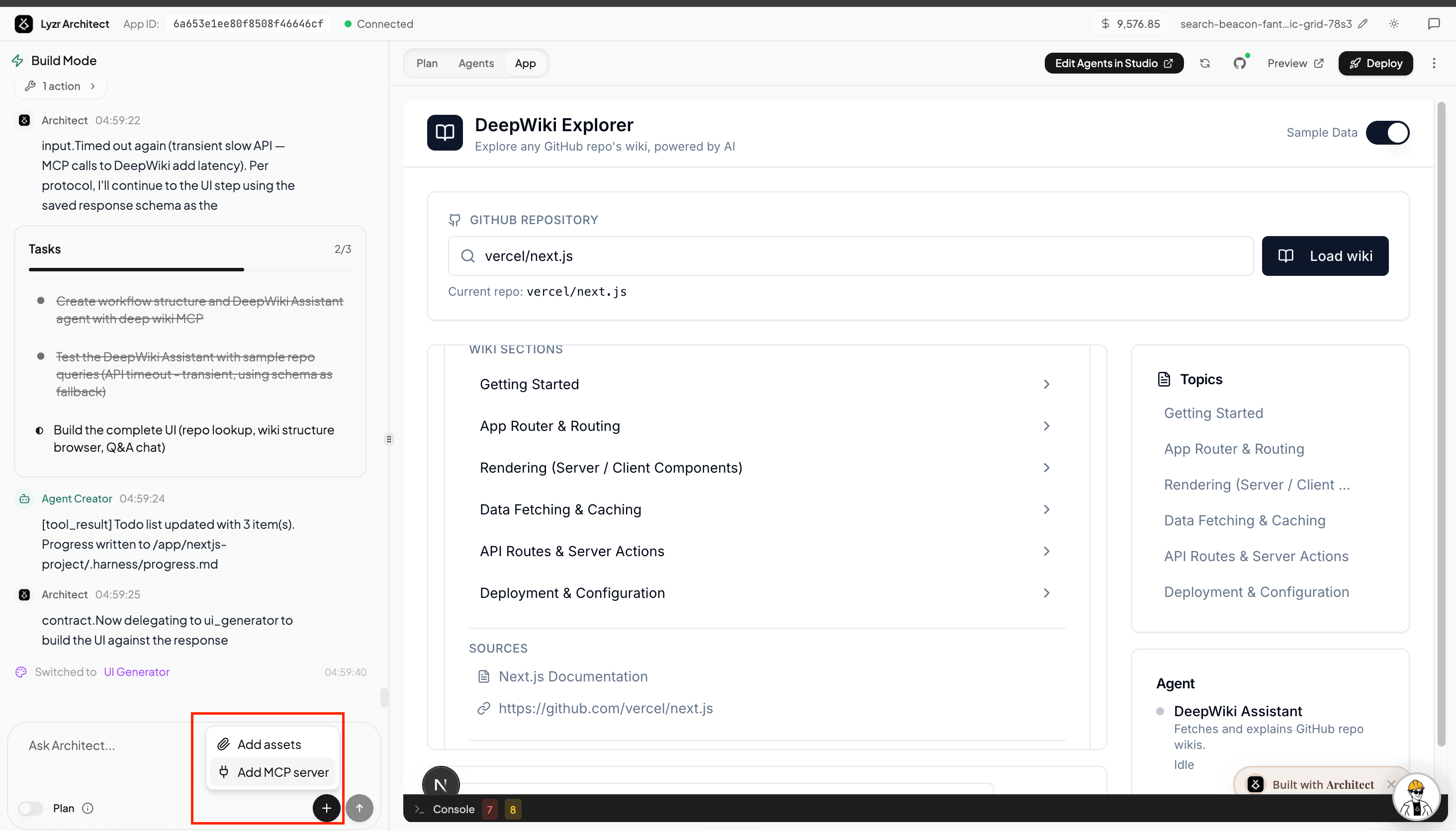 The + menu in the Architect build chat showing 'Add MCP server'