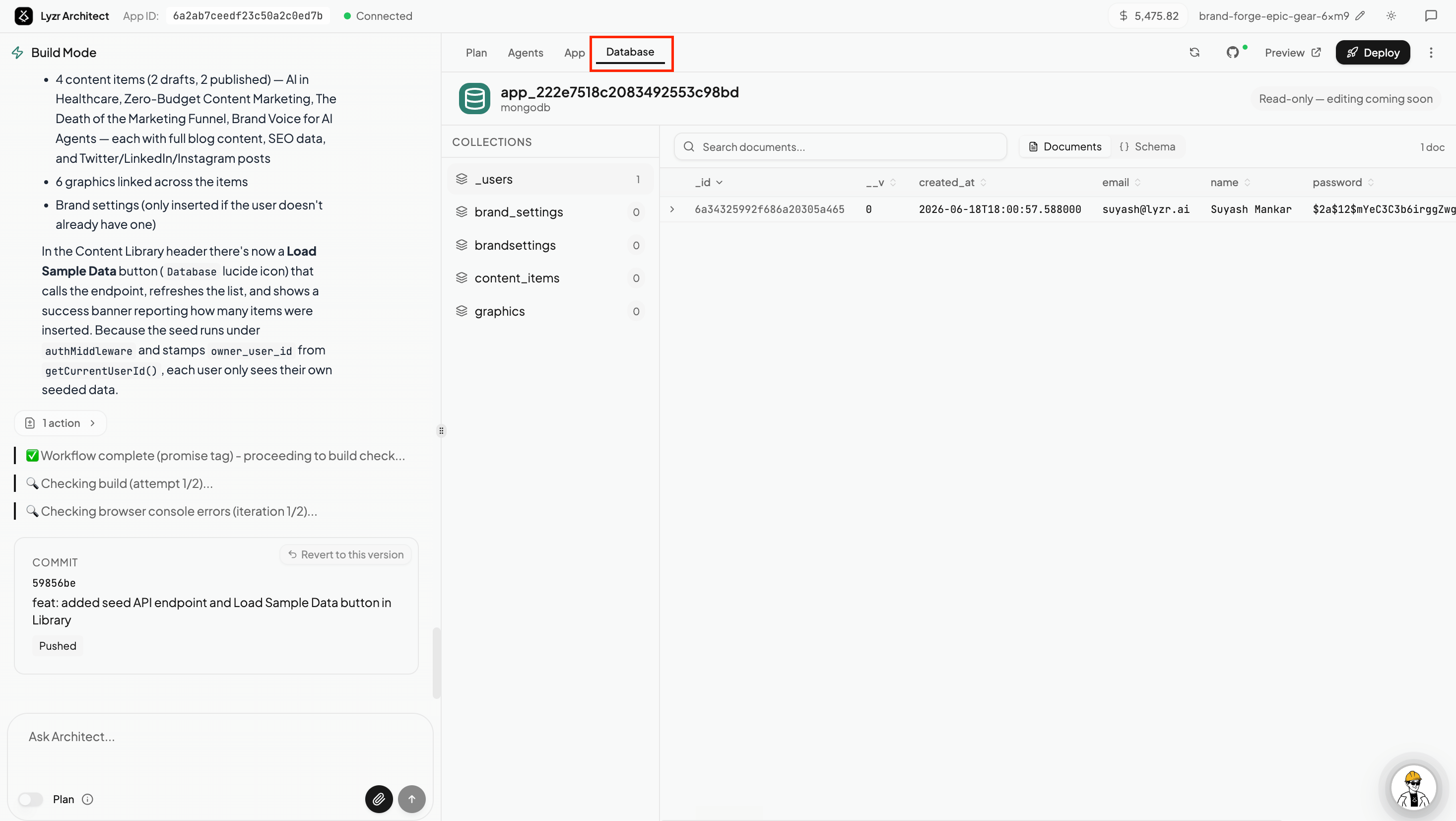 The Database tab showing collections and documents for a generated app