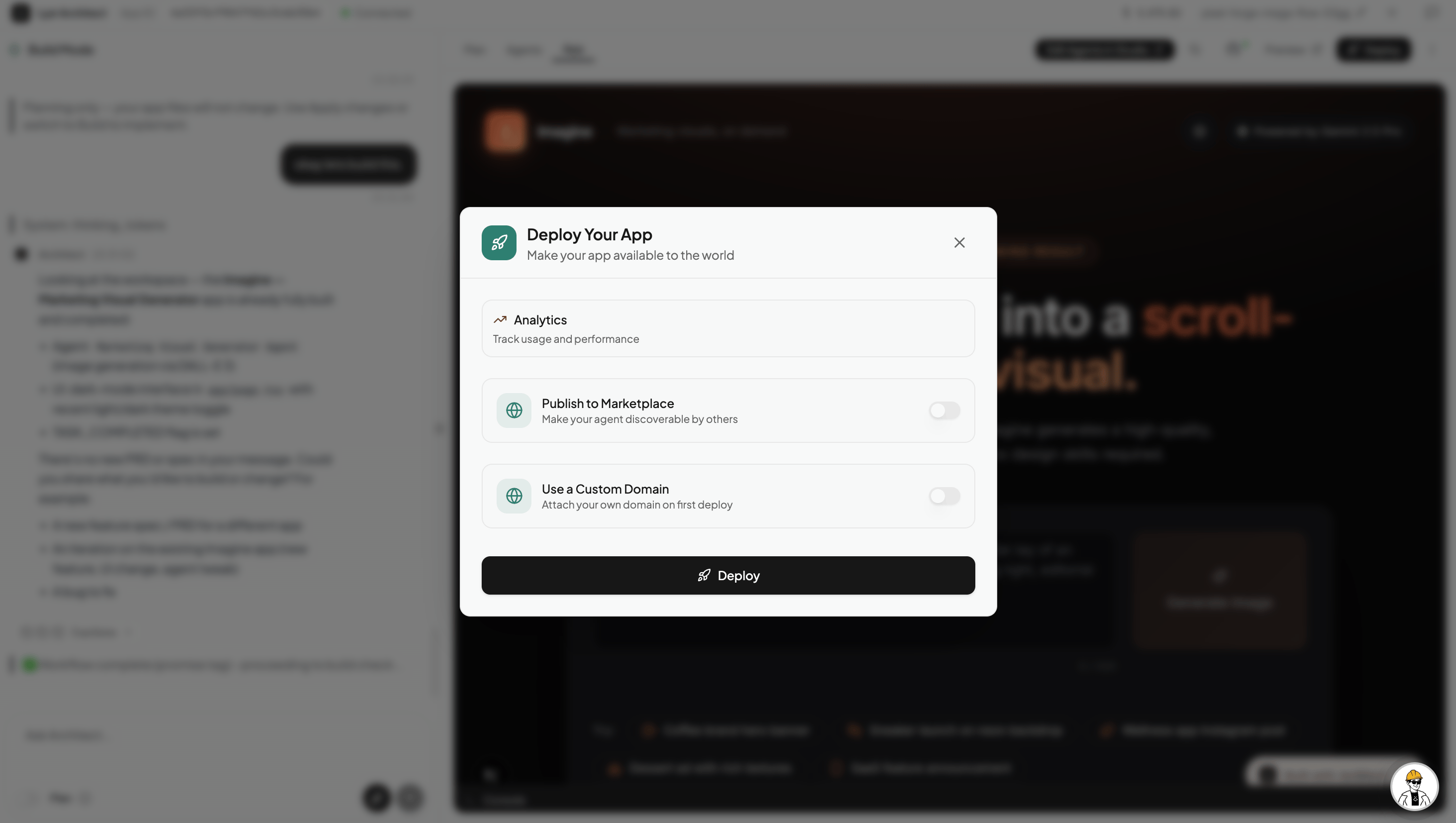 The Deploy Your App modal with Custom Domain, Analytics, and Publish to Marketplace options