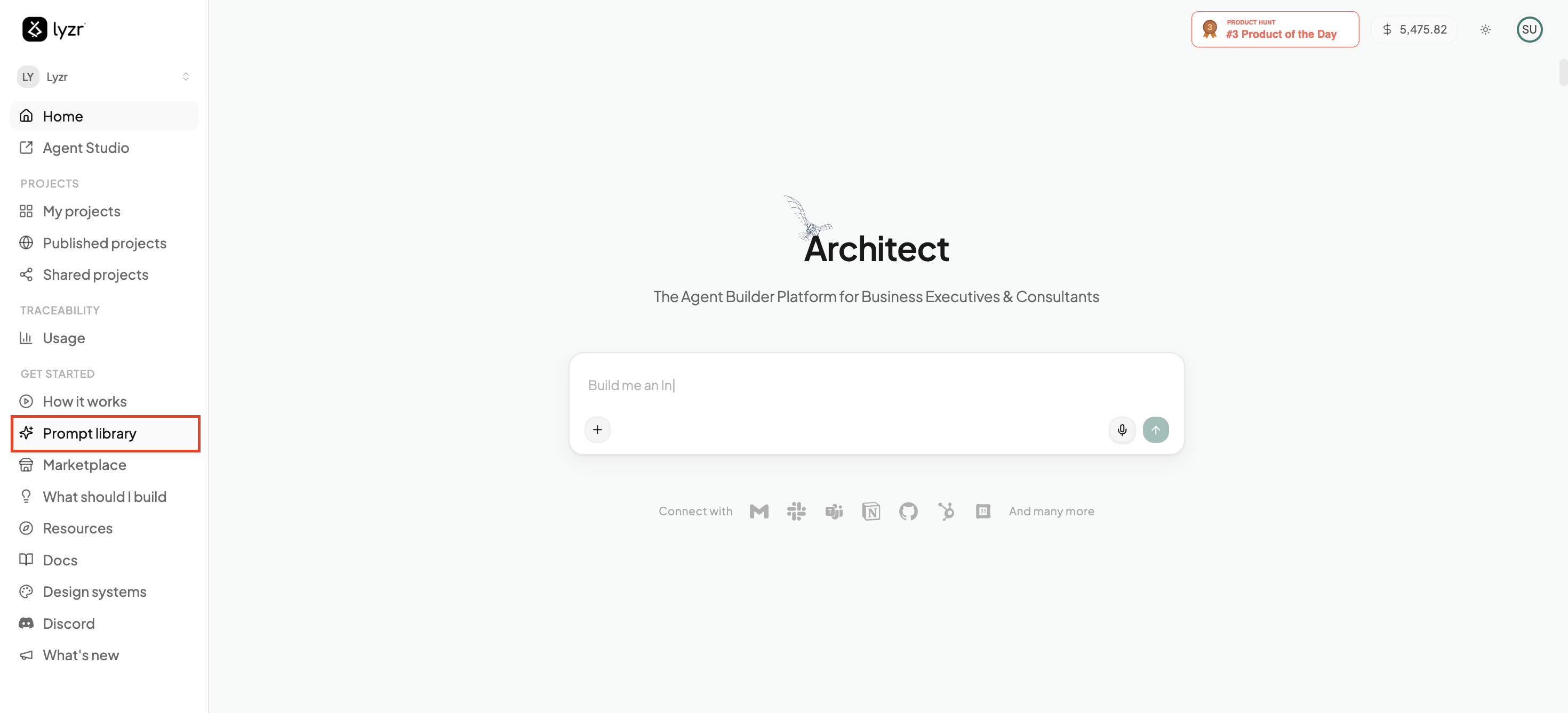 Prompt Library in the Architect homepage left sidebar