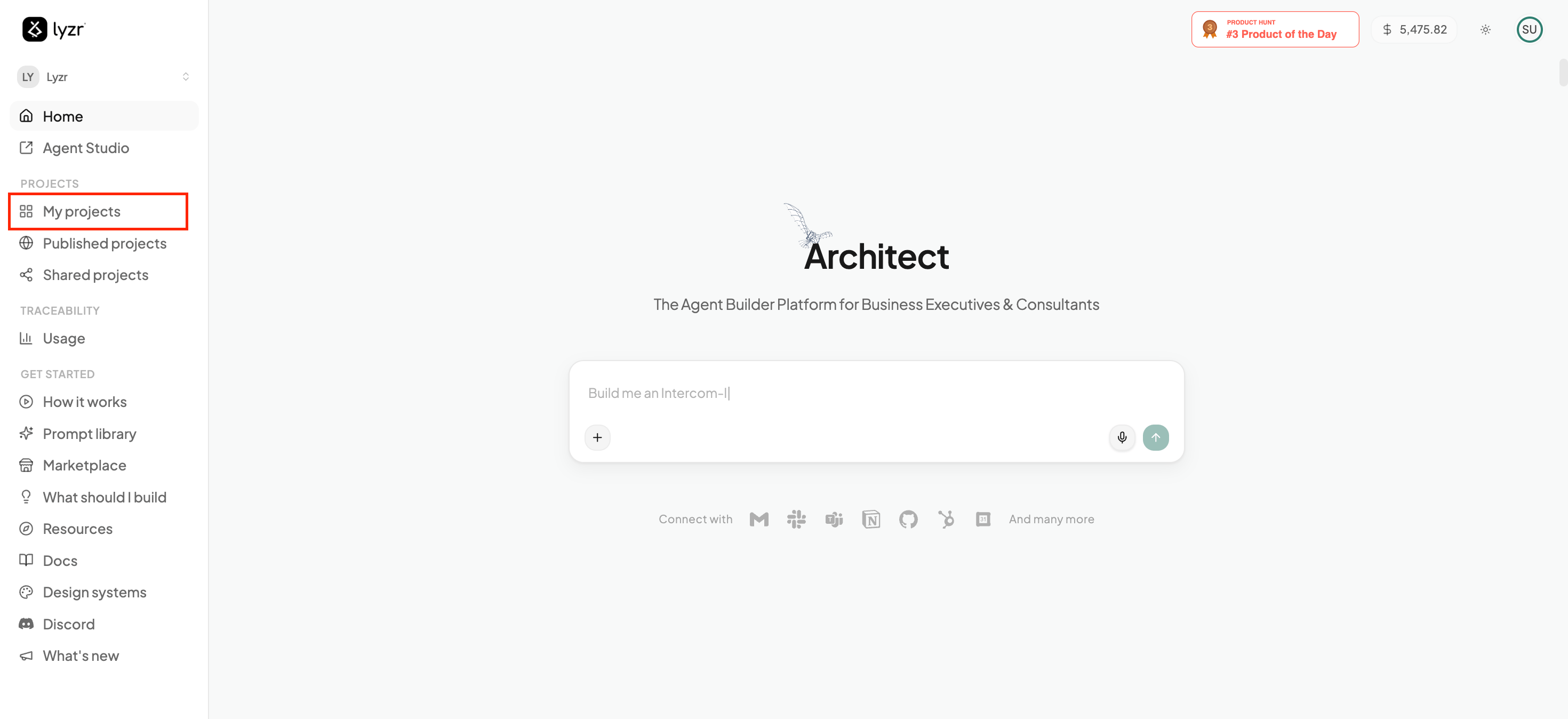 My Projects tab in the Architect homepage sidebar
