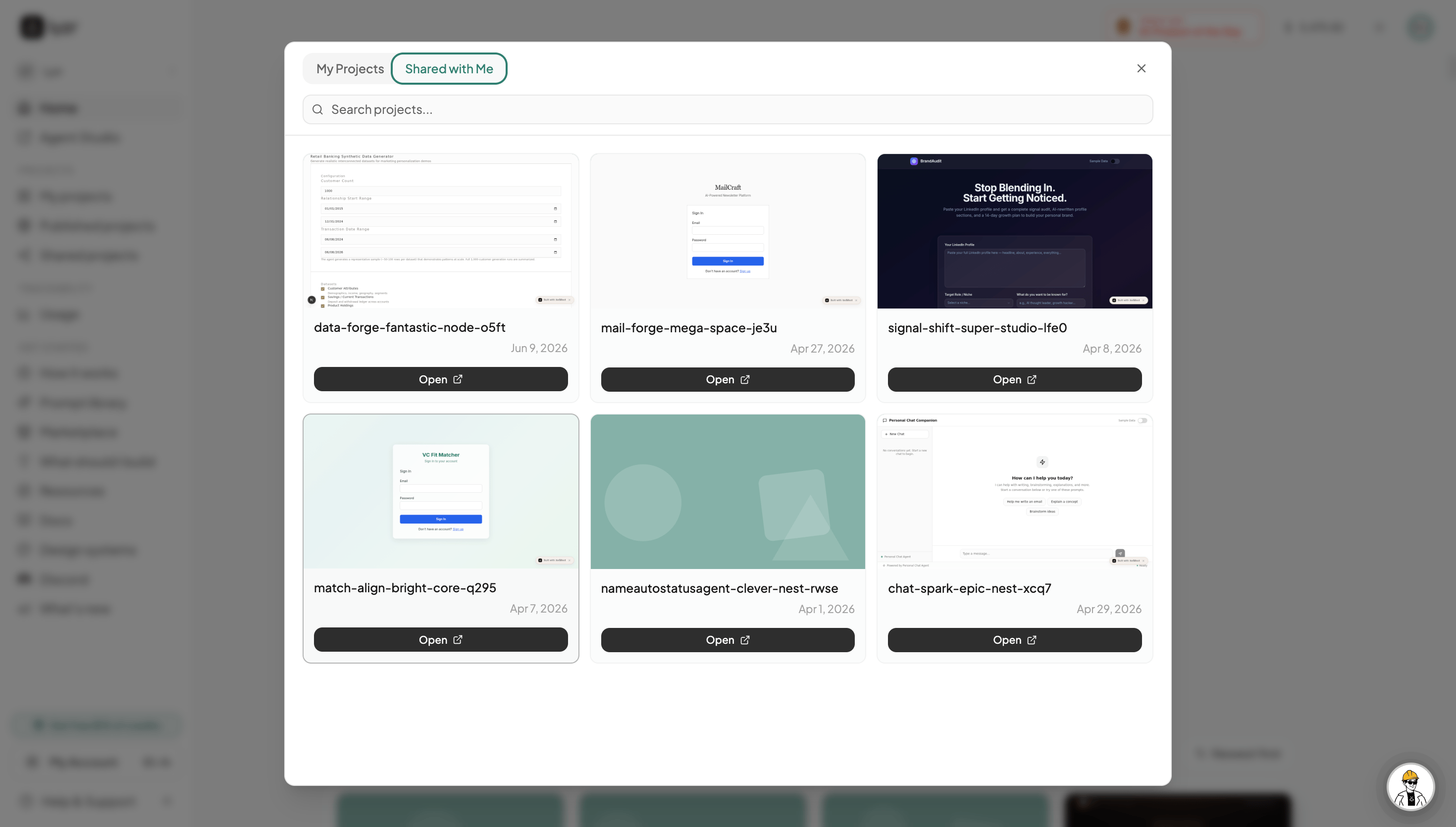 Shared Projects tab in the homepage sidebar