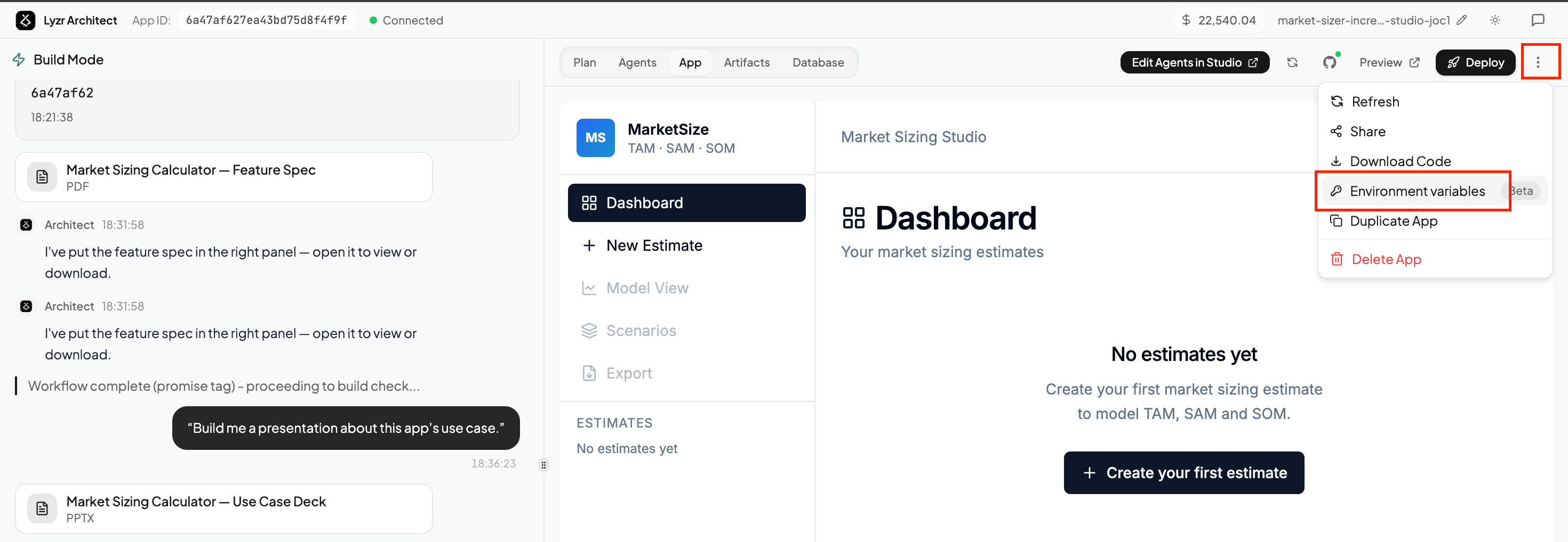 Environment Variables option in the Architect app menu