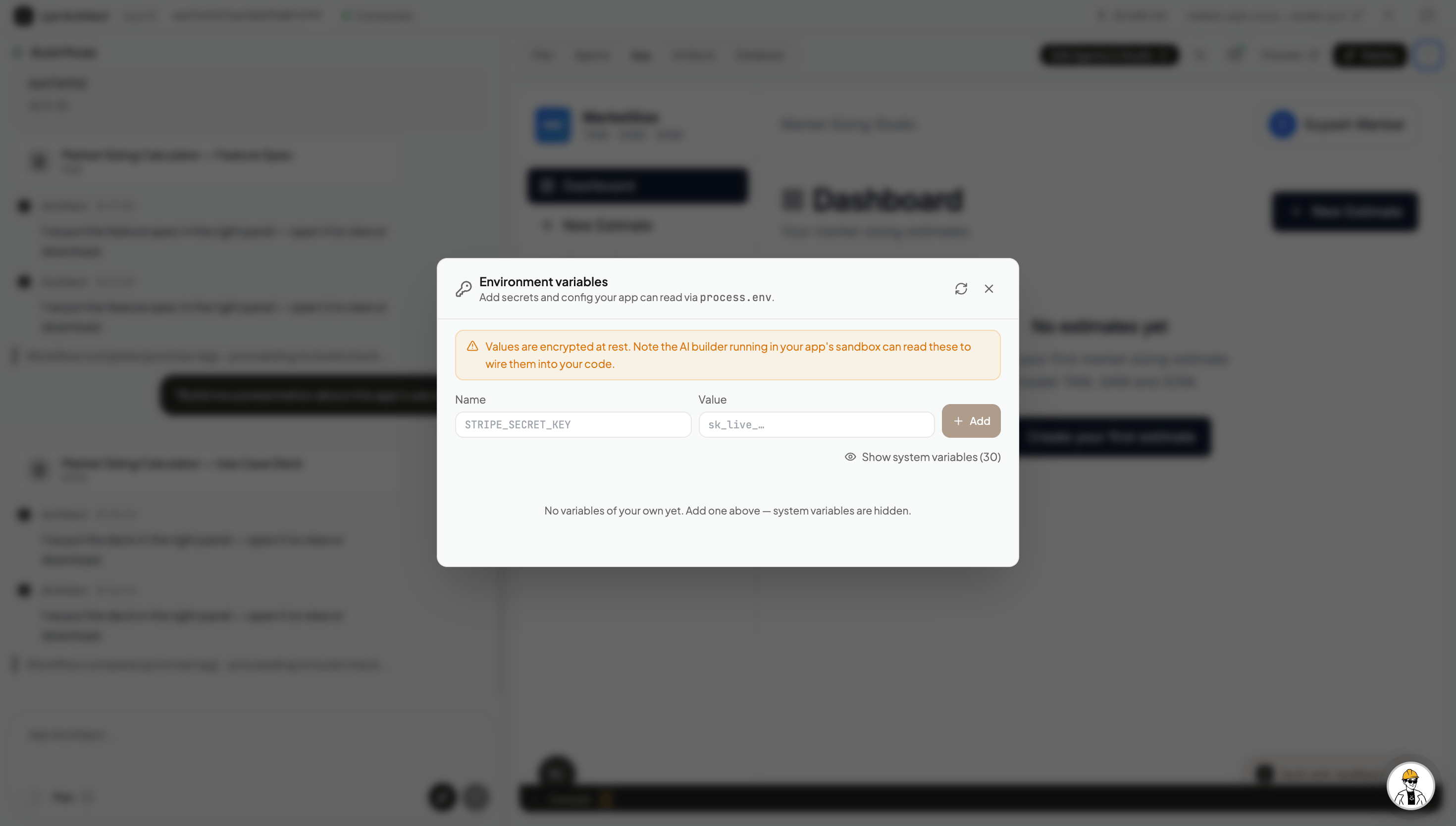 Environment variables panel showing name and value fields