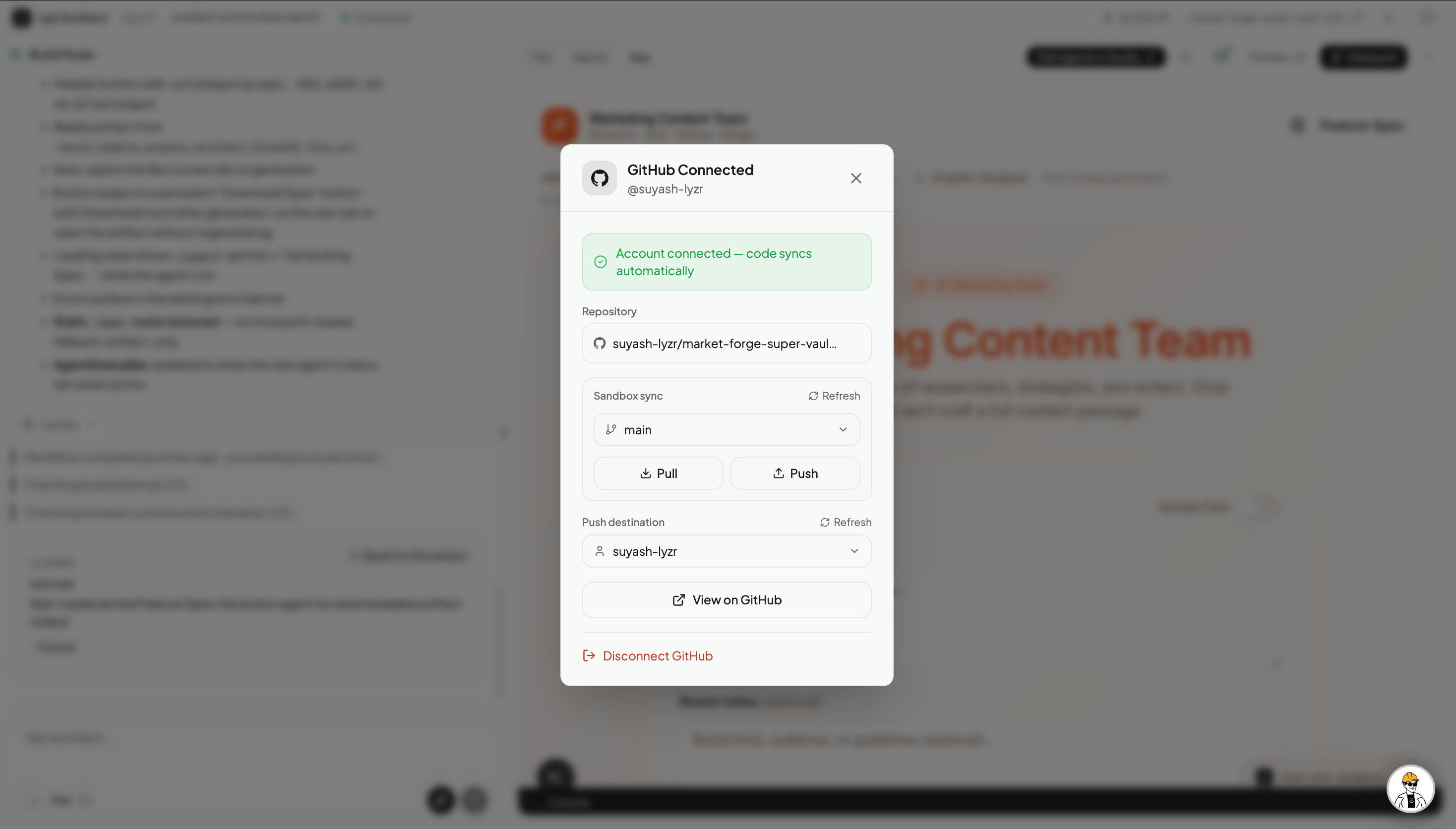 Pull, Push and branch switcher controls in the Architect GitHub panel