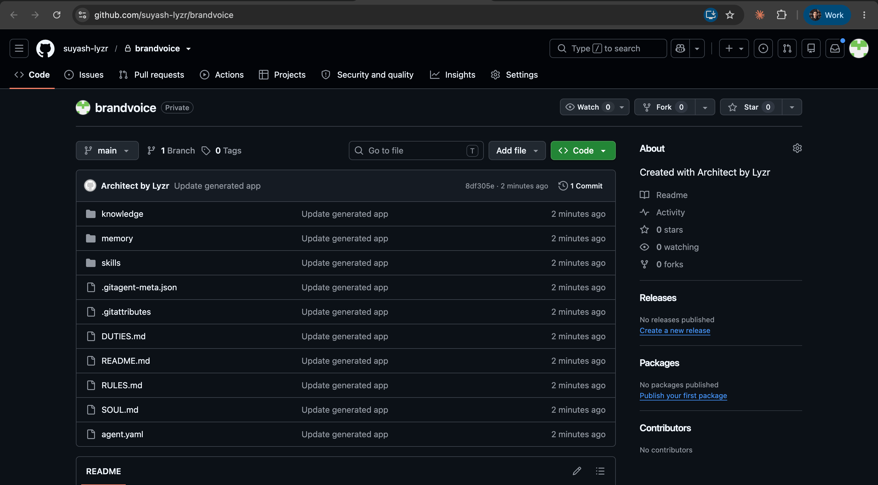A GitAgent repository on GitHub created by Architect, showing SOUL.md, RULES.md, DUTIES.md, agent.yaml, and the skills, memory, and knowledge folders