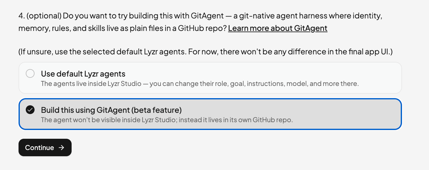 The optional GitAgent question in Architect's planning flow, with 'Build this using GitAgent' selected