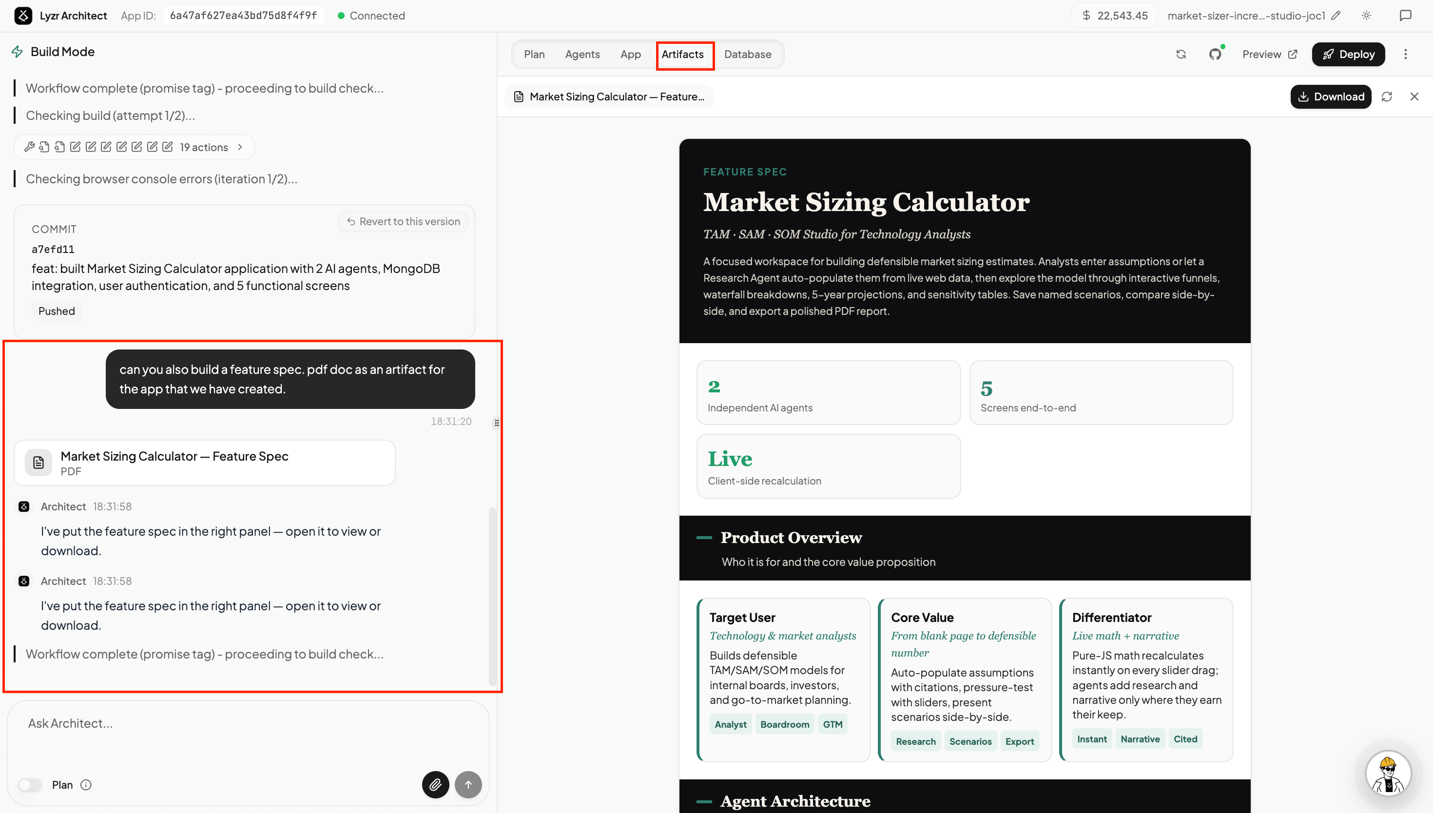 Artifacts tab in Architect Build Mode showing a Feature Spec PDF