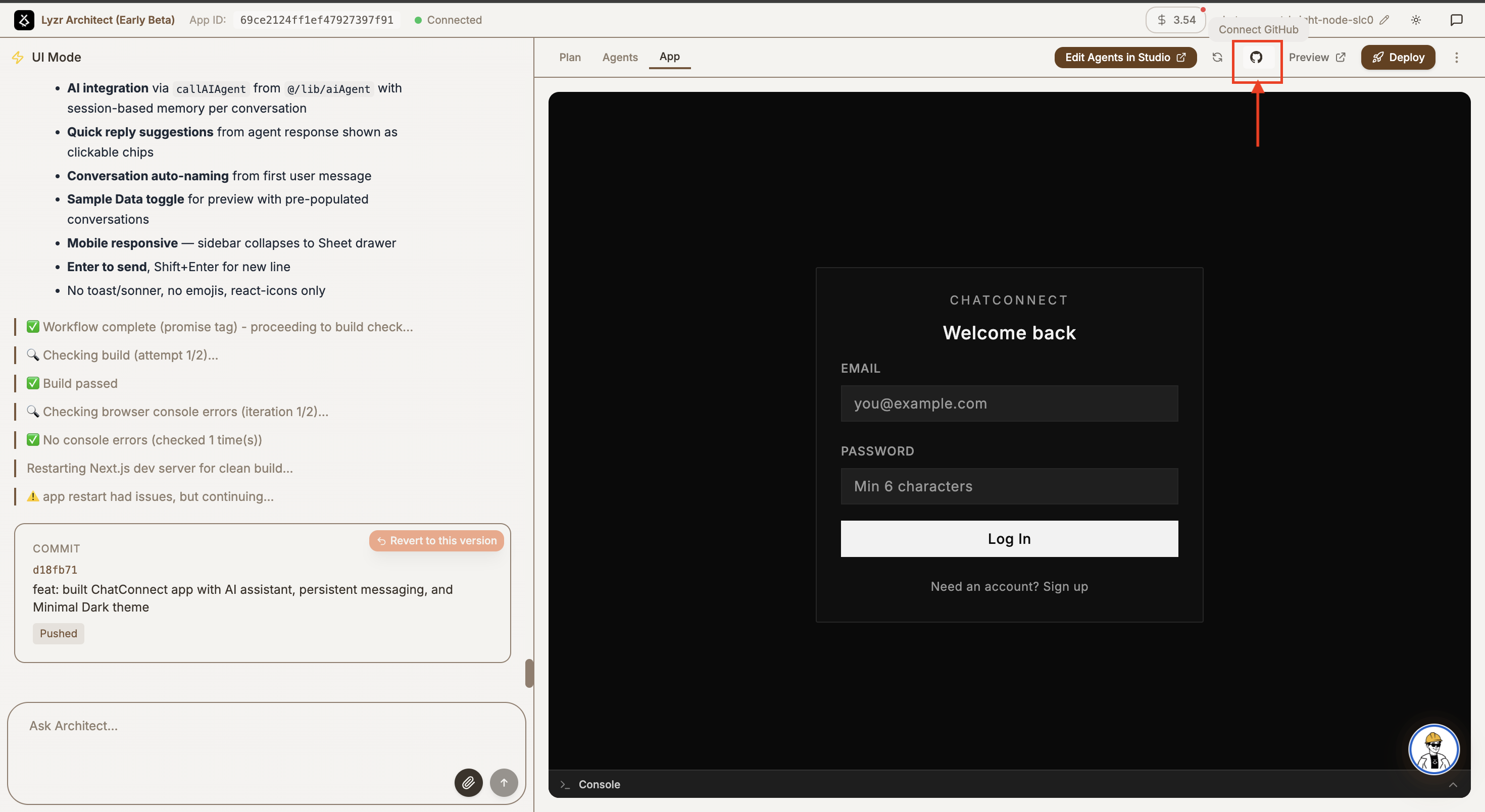 GitHub icon in the top-right corner of the Architect app view