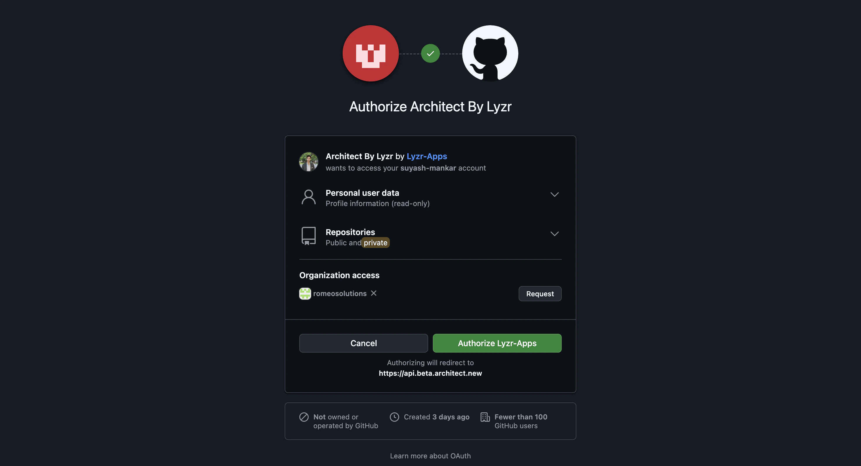 GitHub authorization screen granting Lyzr Architect access