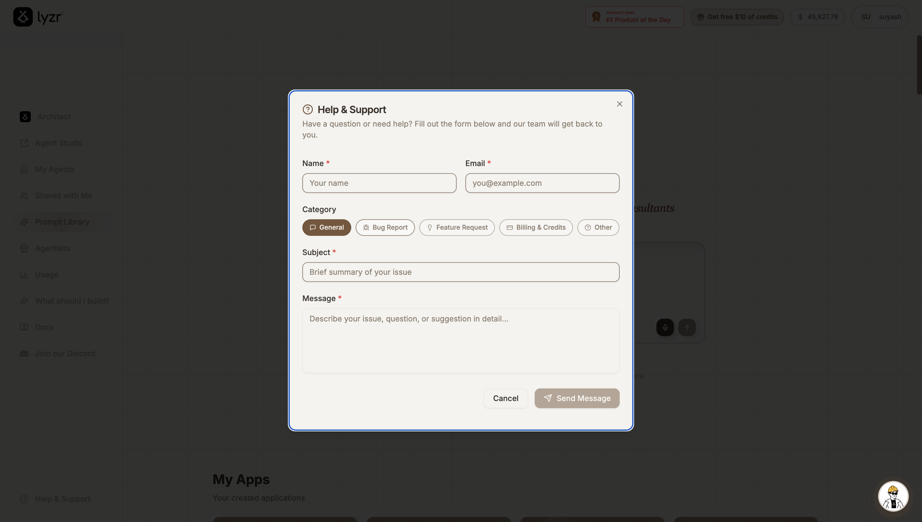 Help & Support form accessible from the homepage sidebar