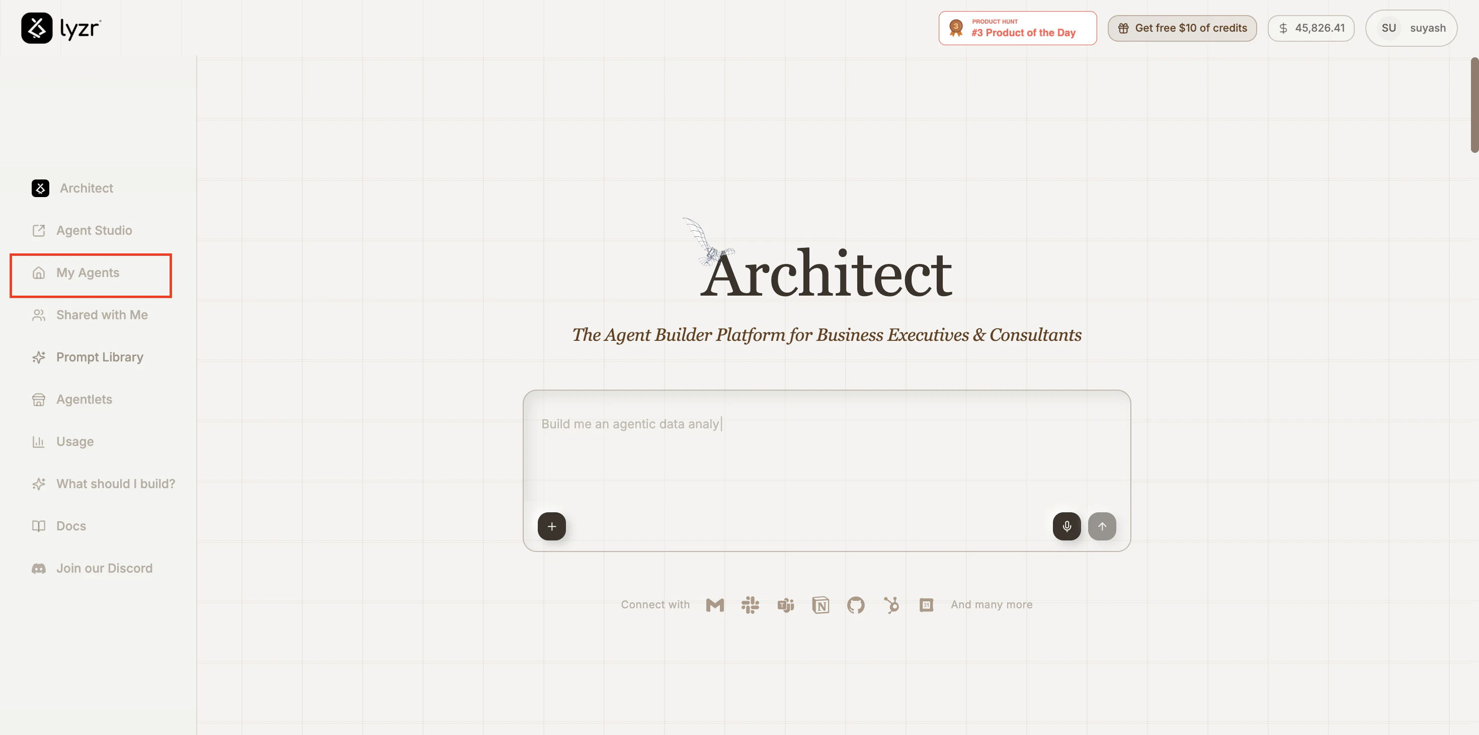 My Agents tab in the Architect homepage sidebar