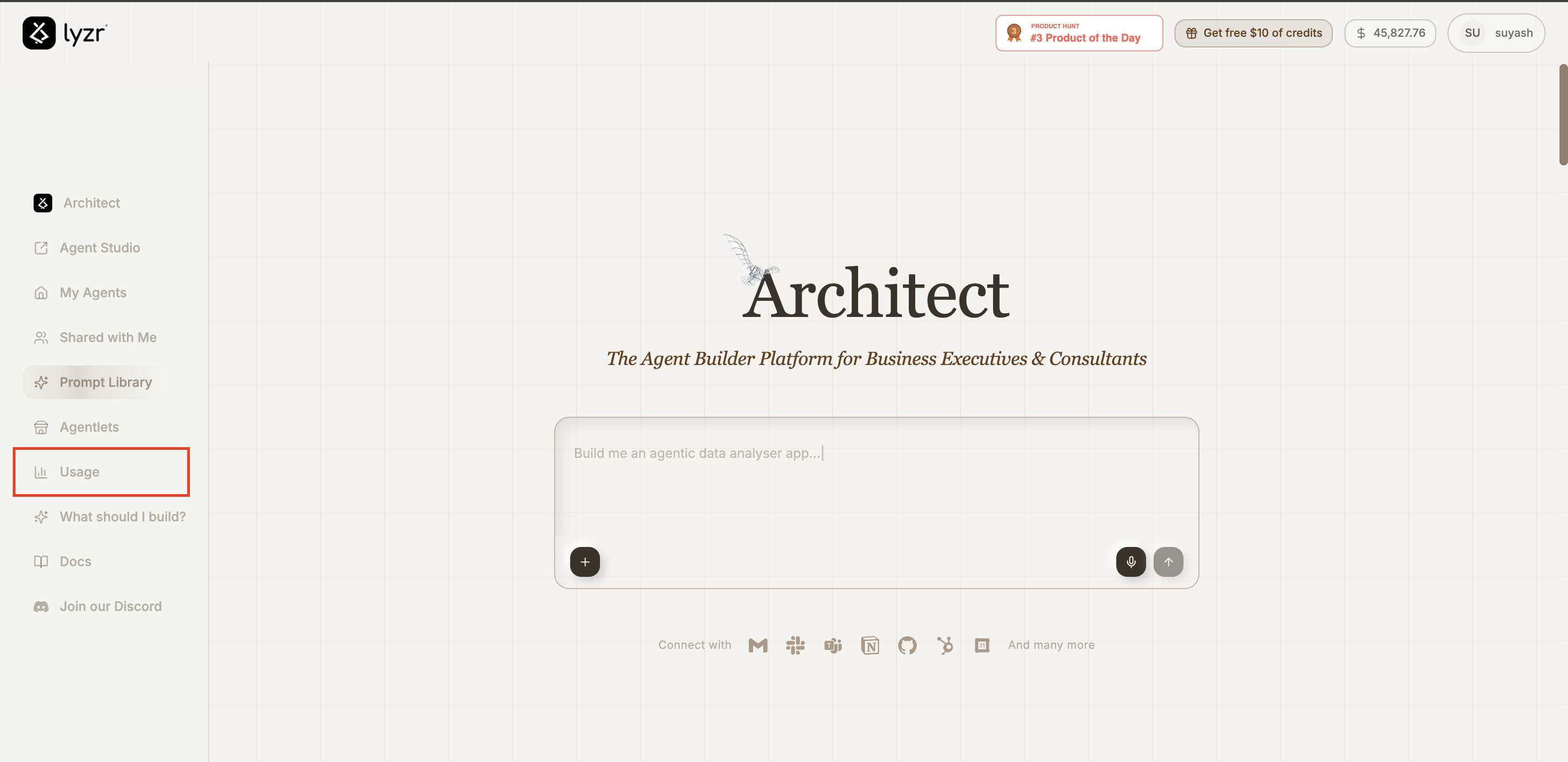 Usage tab in the Architect homepage sidebar