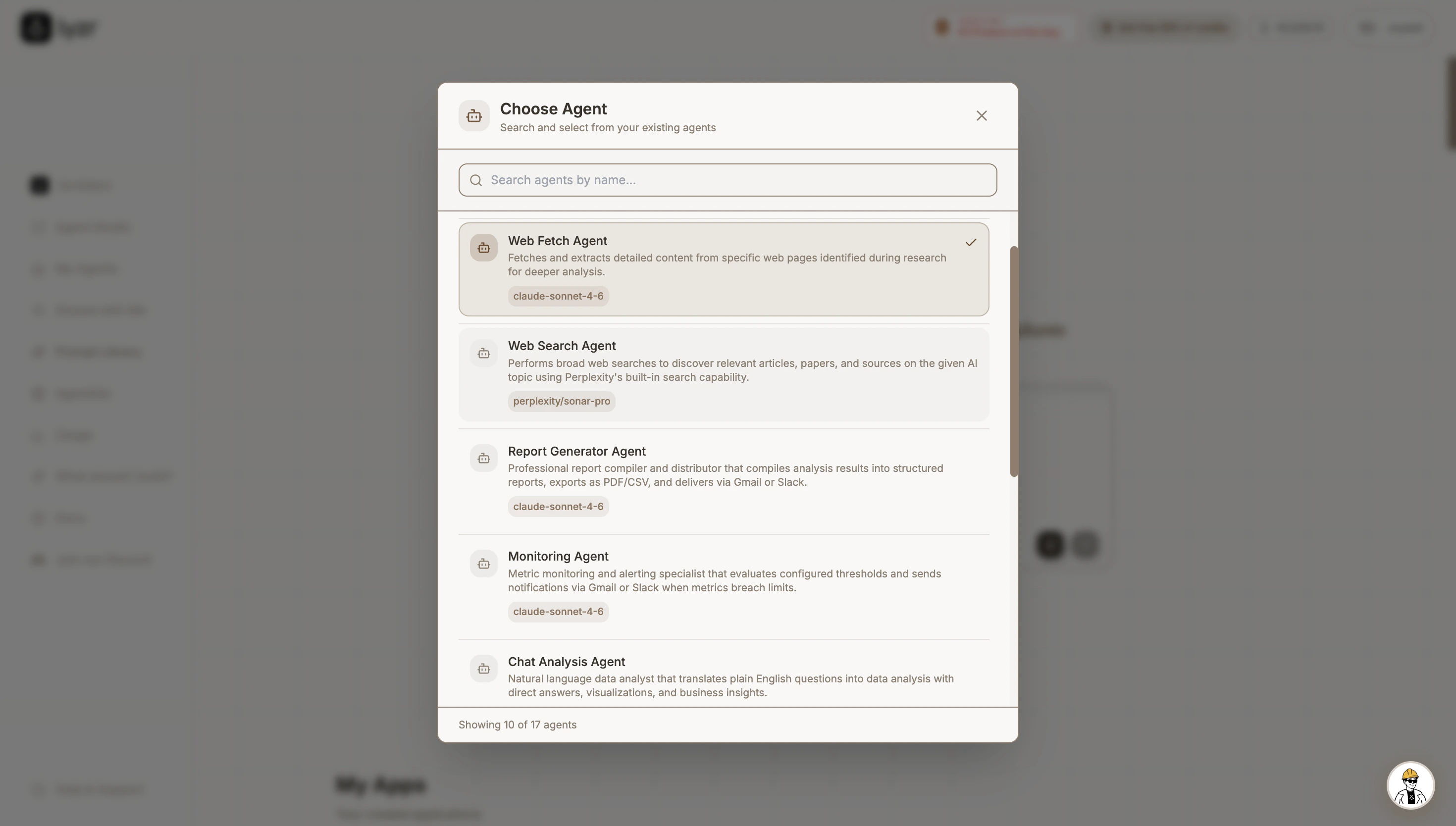 Choose Agent modal showing the list of existing Studio agents