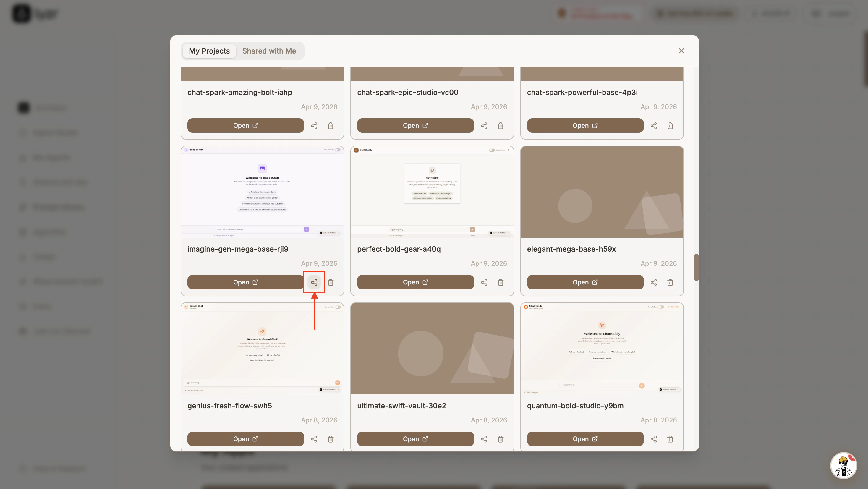 Share icon on an app card inside My Projects