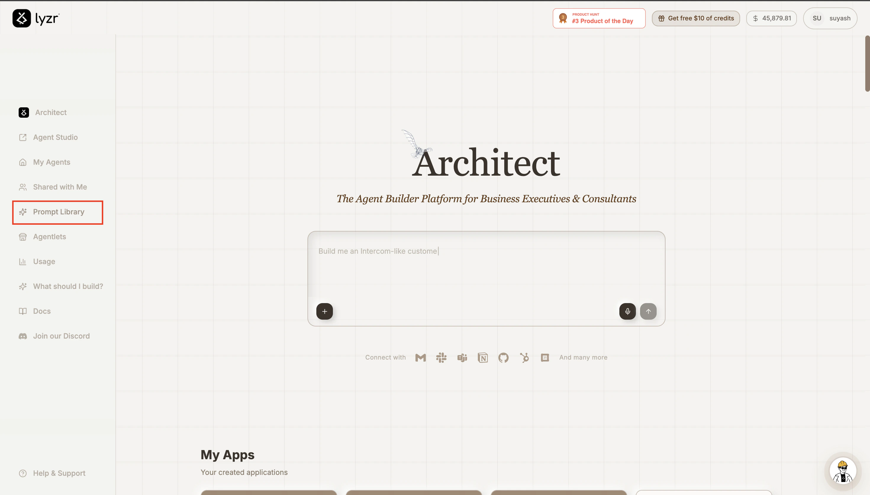 Prompt Library in the Architect homepage left sidebar