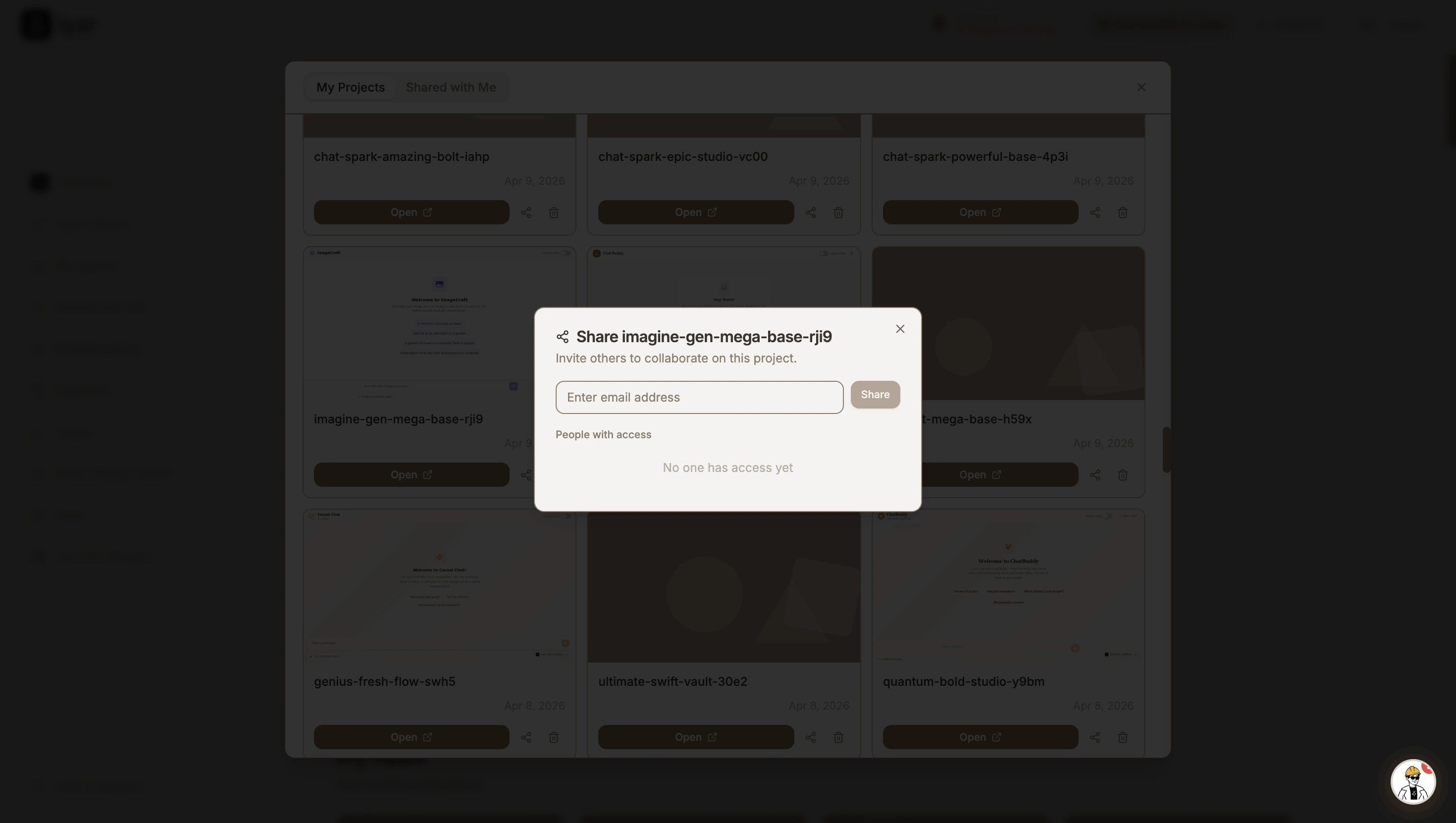 Share dialog prompting for a collaborator's email address