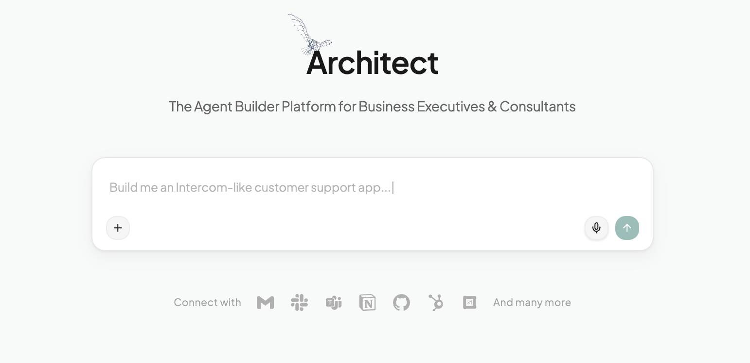 The Architect home page showing the prompt input and mode selector