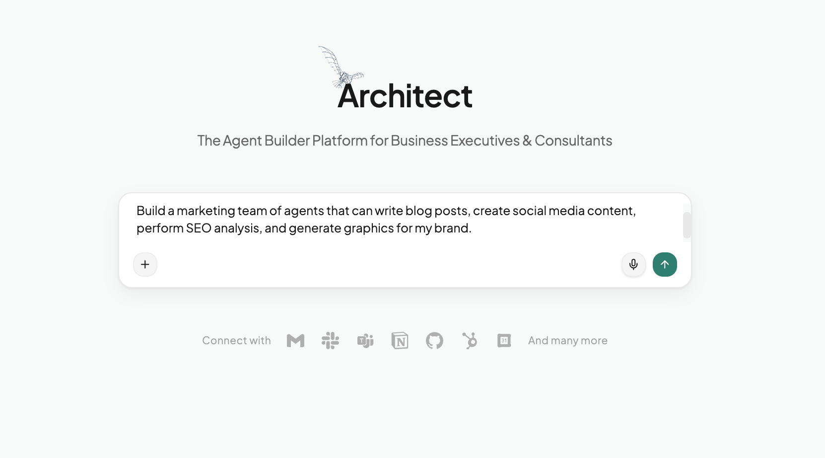 The Architect homepage with a use-case prompt typed into the input box
