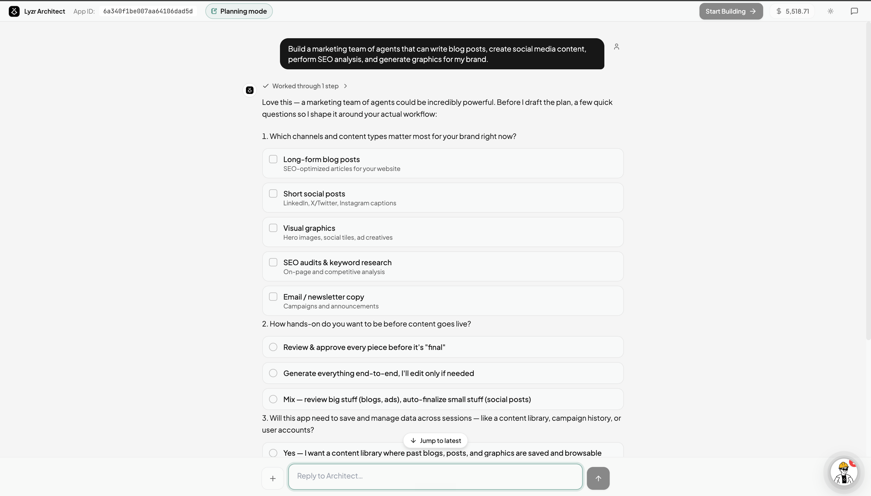 Planning mode asking guided, multiple-choice questions to scope the use case