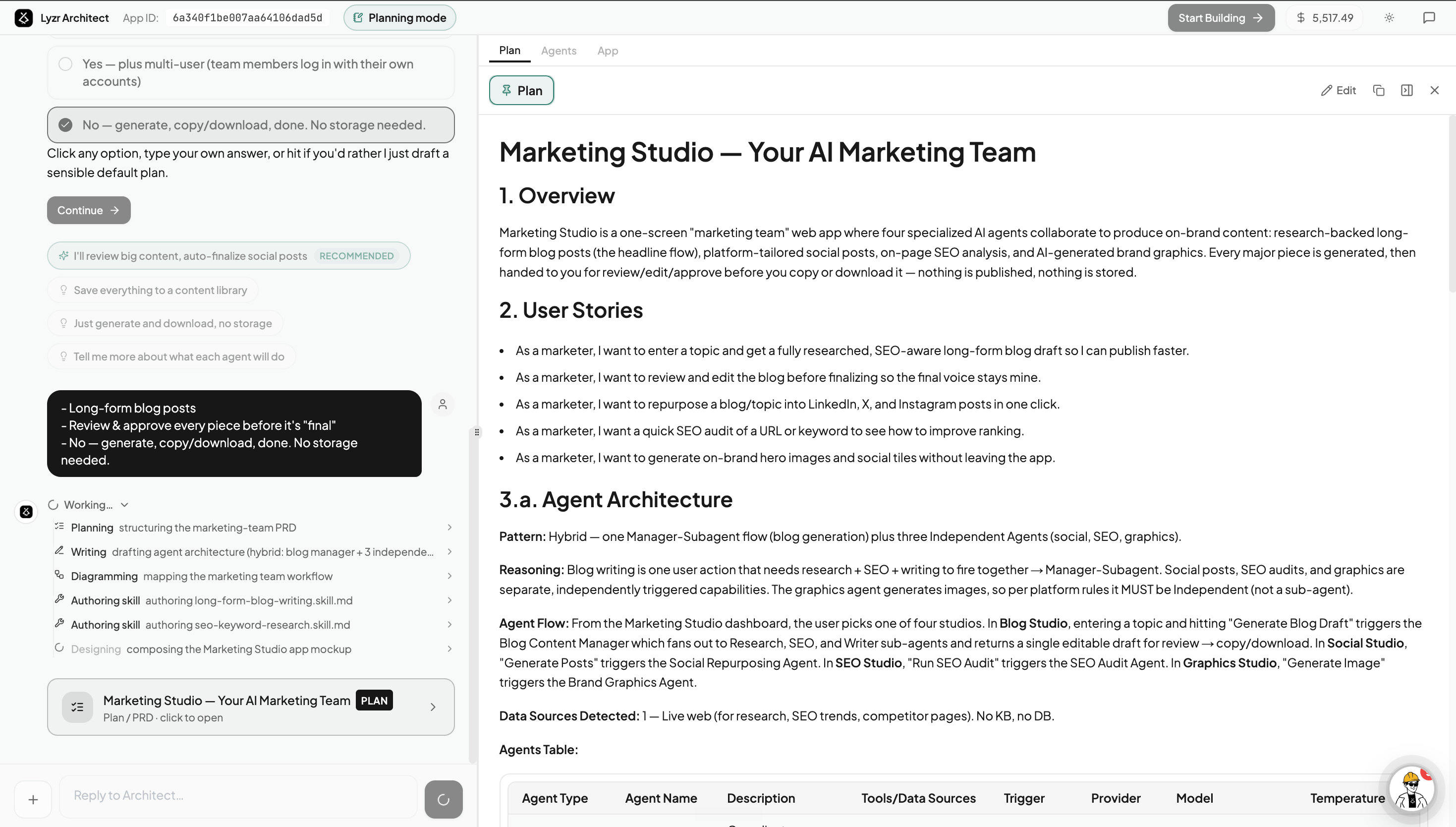 The generated Plan/PRD showing overview, user stories, and agent architecture