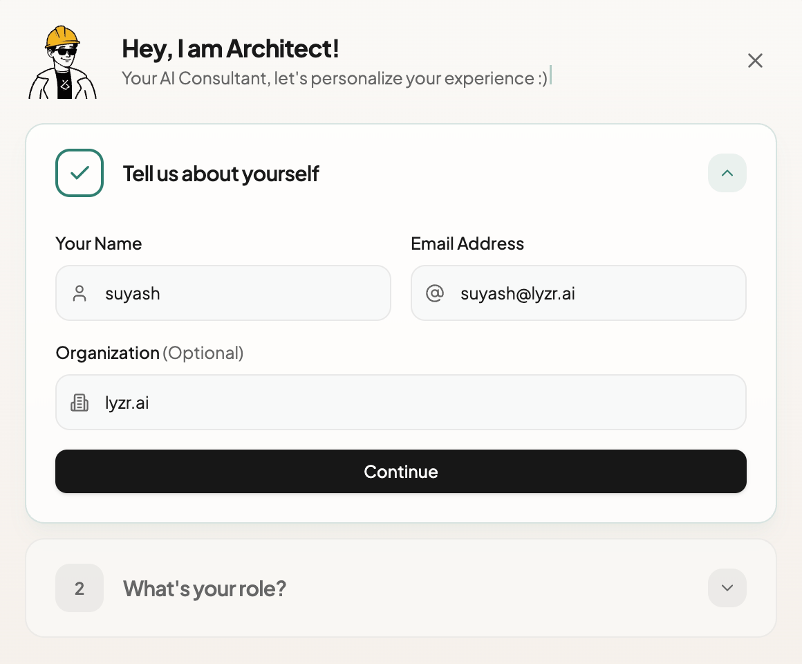 Identity step — 'Tell us about yourself'