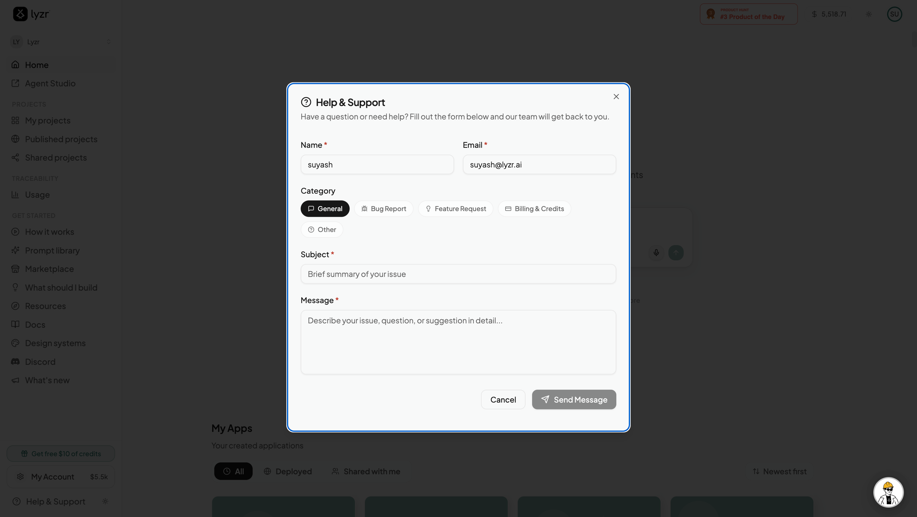 Help & Support form accessible from the homepage sidebar