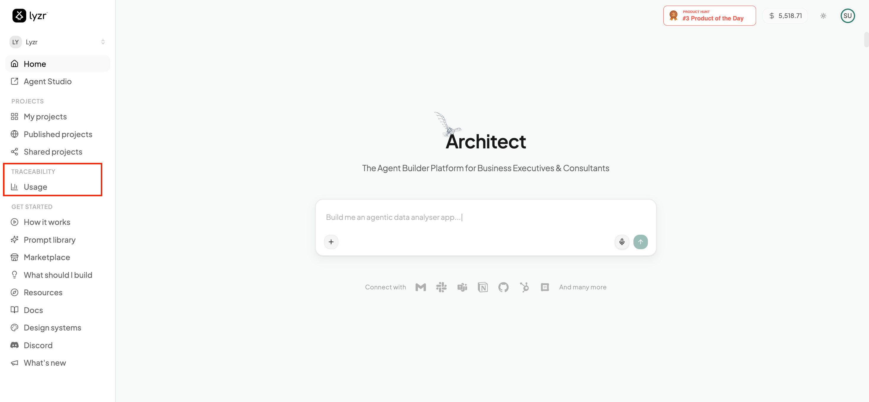 Usage tab in the Architect homepage sidebar