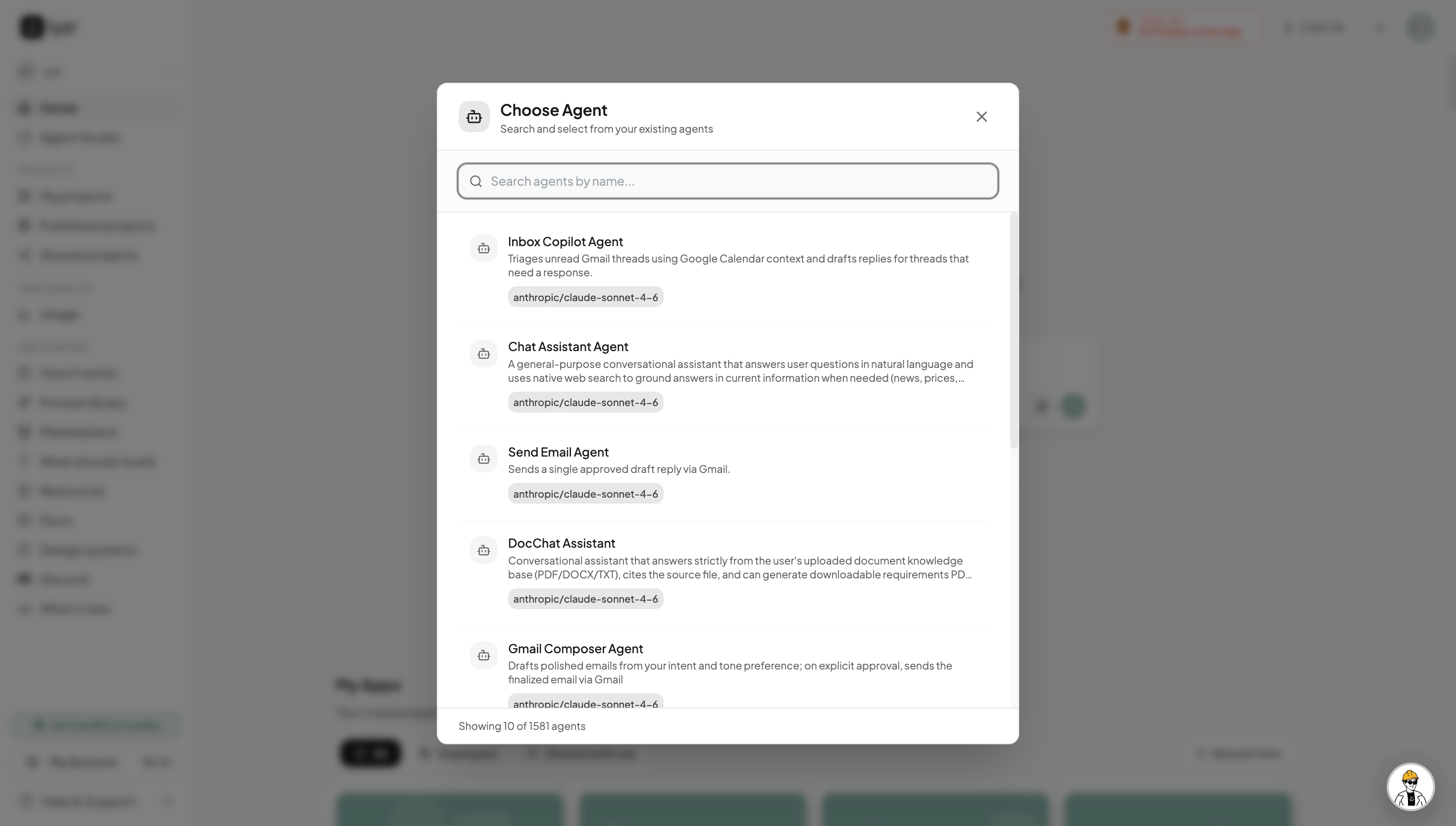 Choose Agent modal showing the list of existing Studio agents