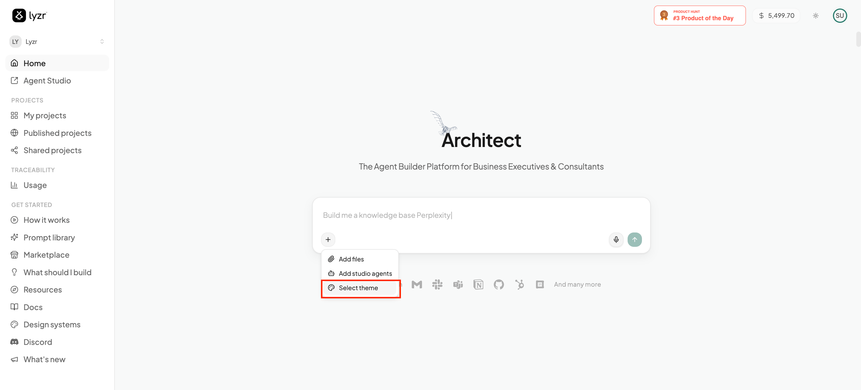 The + menu in the prompt box with the 'Select theme' option highlighted