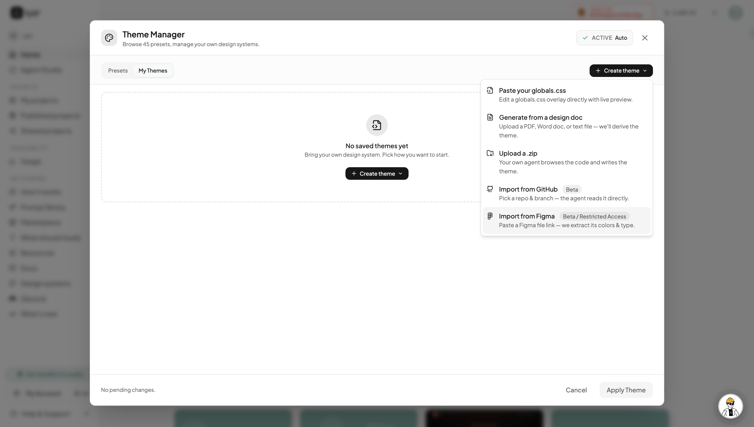 The Theme Manager showing the Create theme options: paste globals.css, generate from a design doc, upload a zip, import from GitHub, and import from Figma
