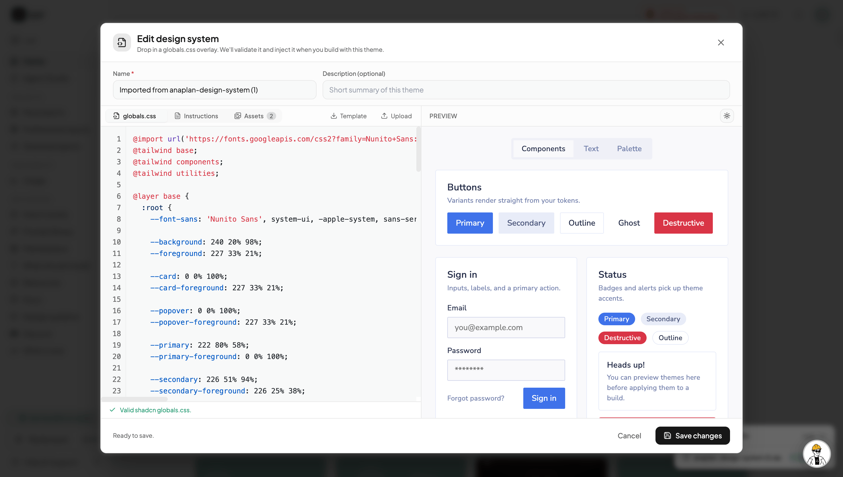 The custom theme editor with a live preview of components, text, and the color palette