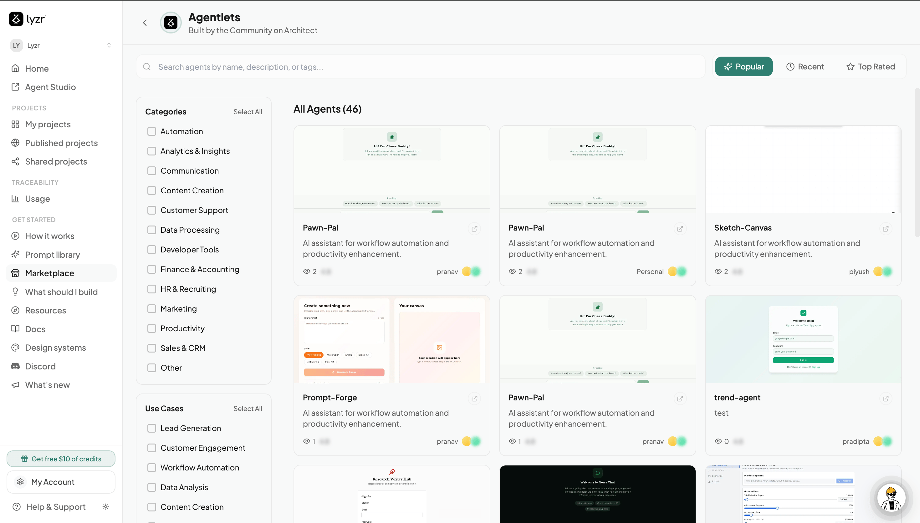 The Marketplace showing community-built apps with category and use-case filters
