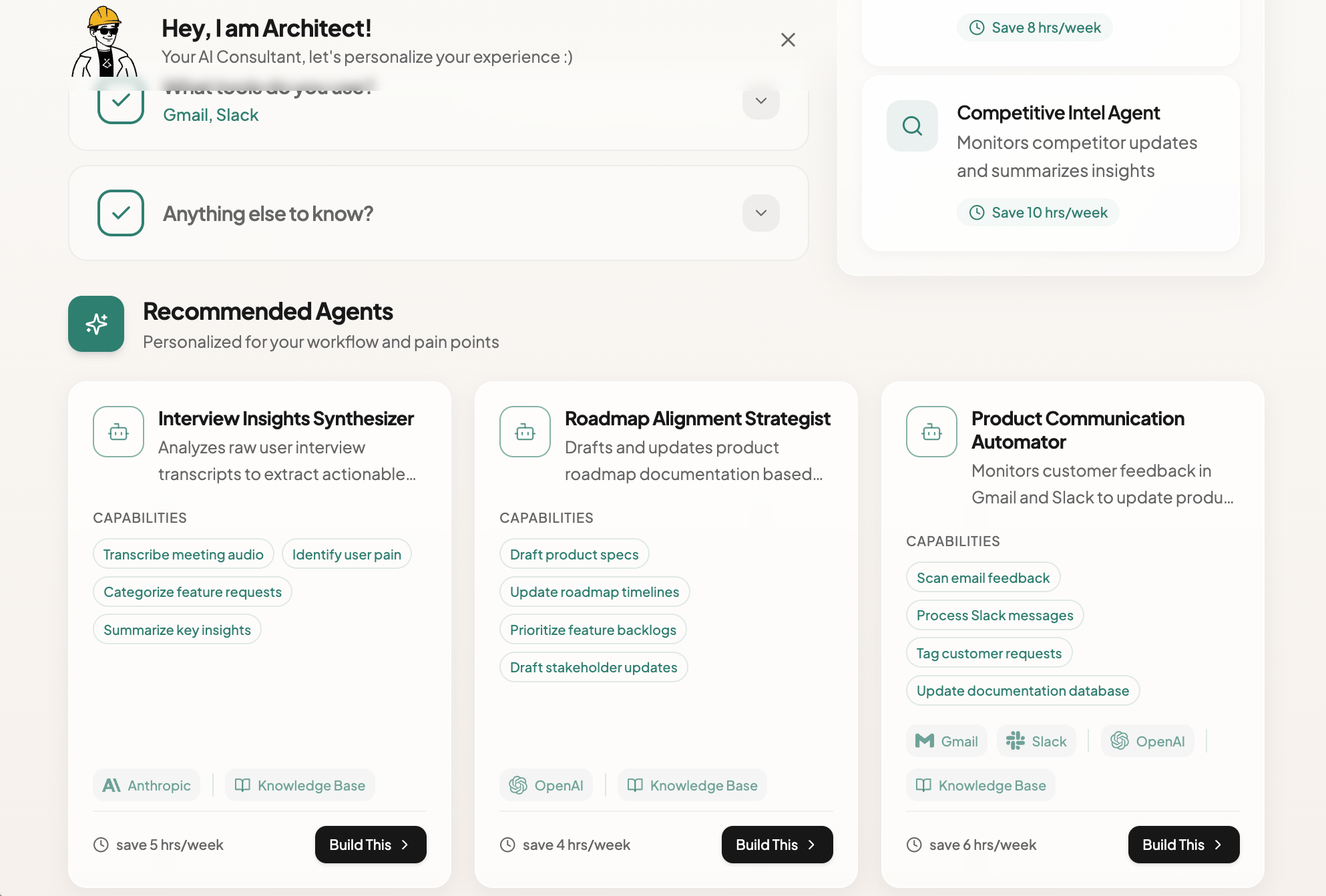 The AI Consultant's Recommended Agents with capability lists and weekly time-savings estimates