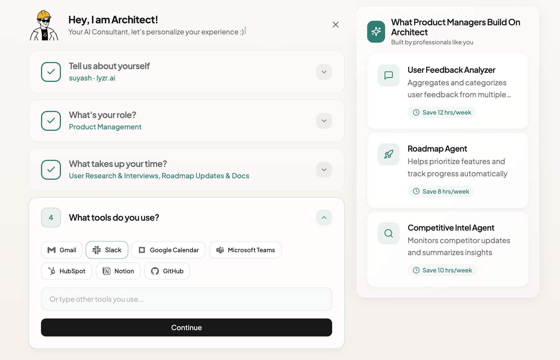 Tool integrations step asking 'What tools do you use?' with selectable app options
