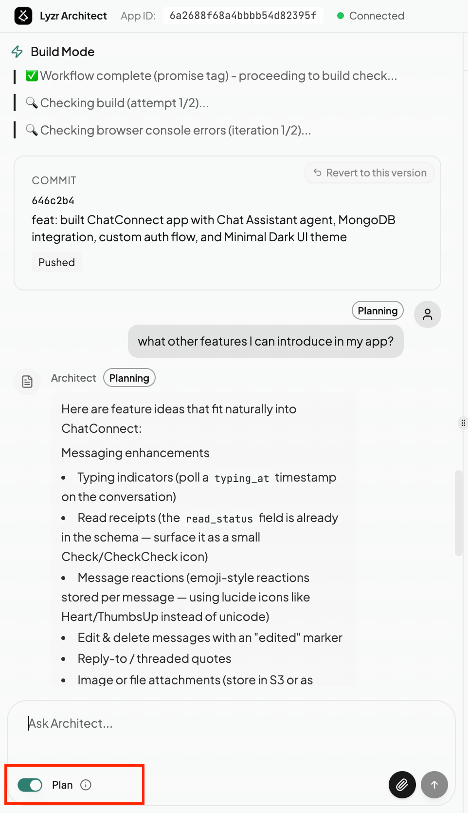 The Plan toggle at the bottom-left of the chat, with Architect returning a 'Planning'-tagged response of feature ideas
