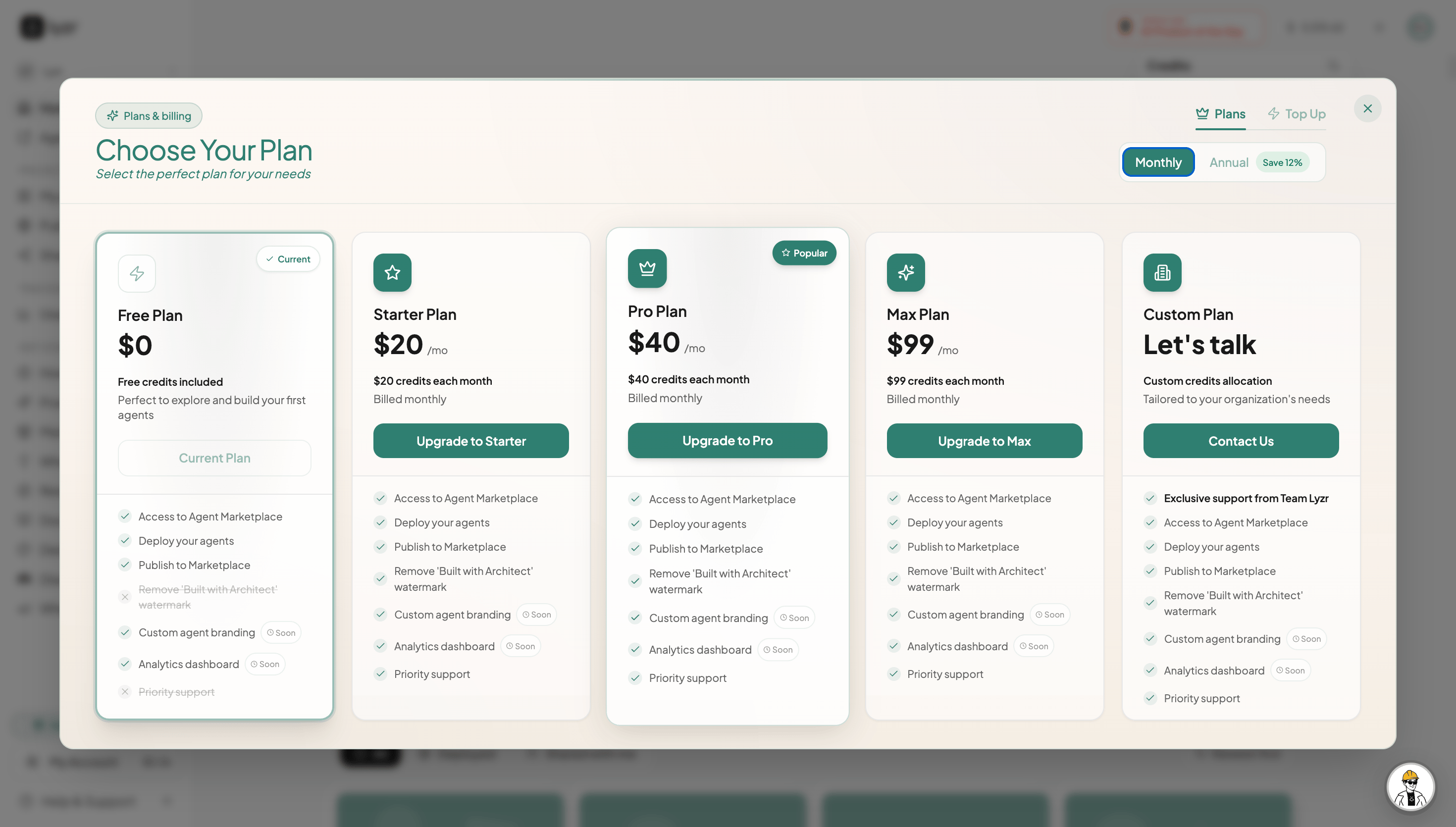 The Choose Your Plan screen showing the Free, Starter, Pro, Max, and Custom plans