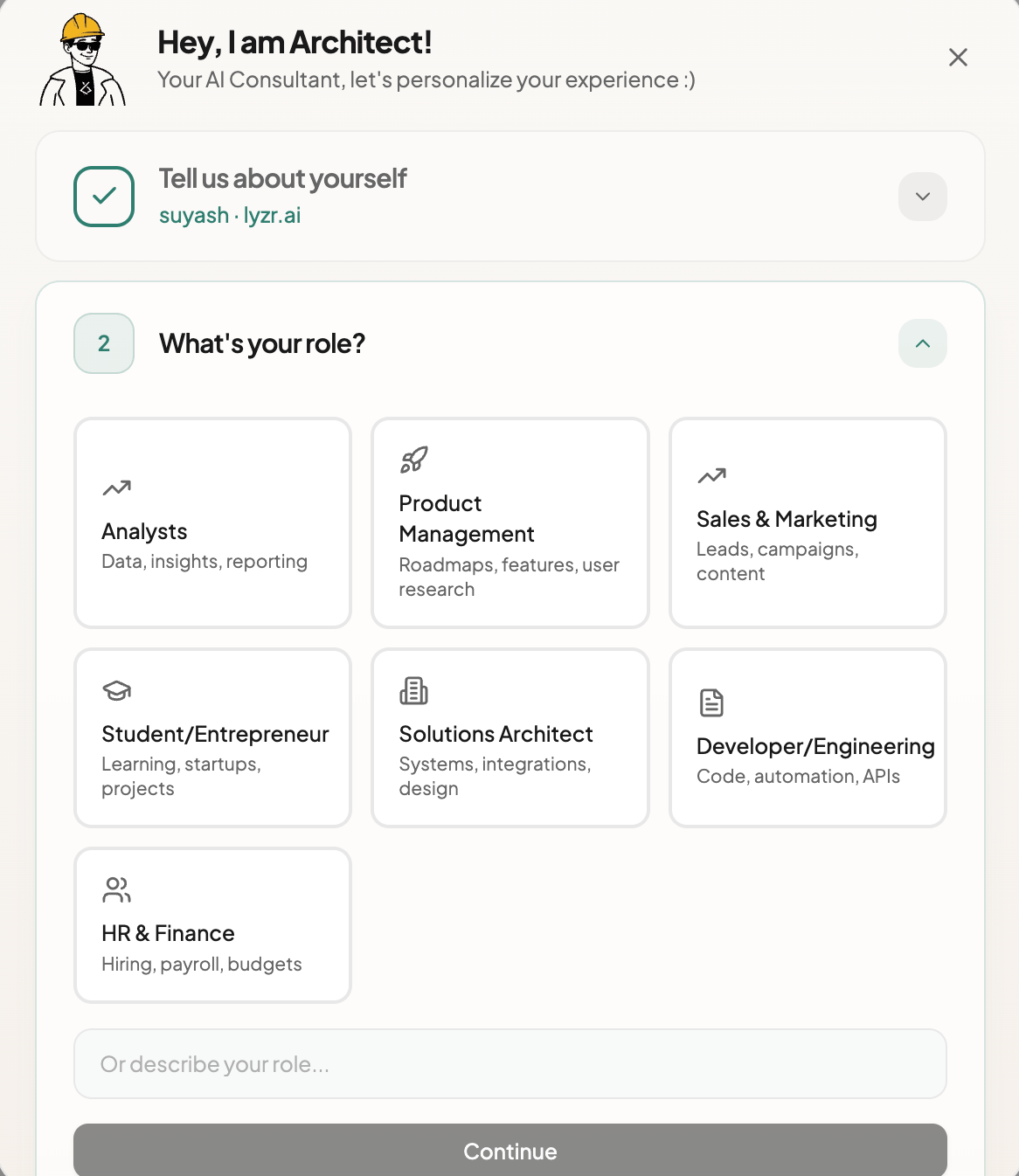 Role selection step asking 'What's your role?' with role cards