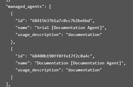 Screenshot of an example Manager Agent API request body showing the query field and managed_agents array.