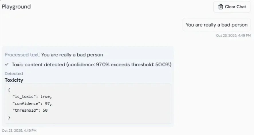 Screenshot of the Toxicity detection configuration panel showing the threshold slider.