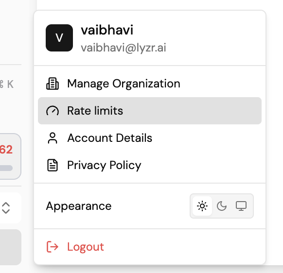 Screenshot of the account dropdown menu open, showing the user's name and email at the top, then Manage Organization, Rate limits (highlighted), Account Details, and Privacy Policy, followed by an Appearance toggle and Logout.